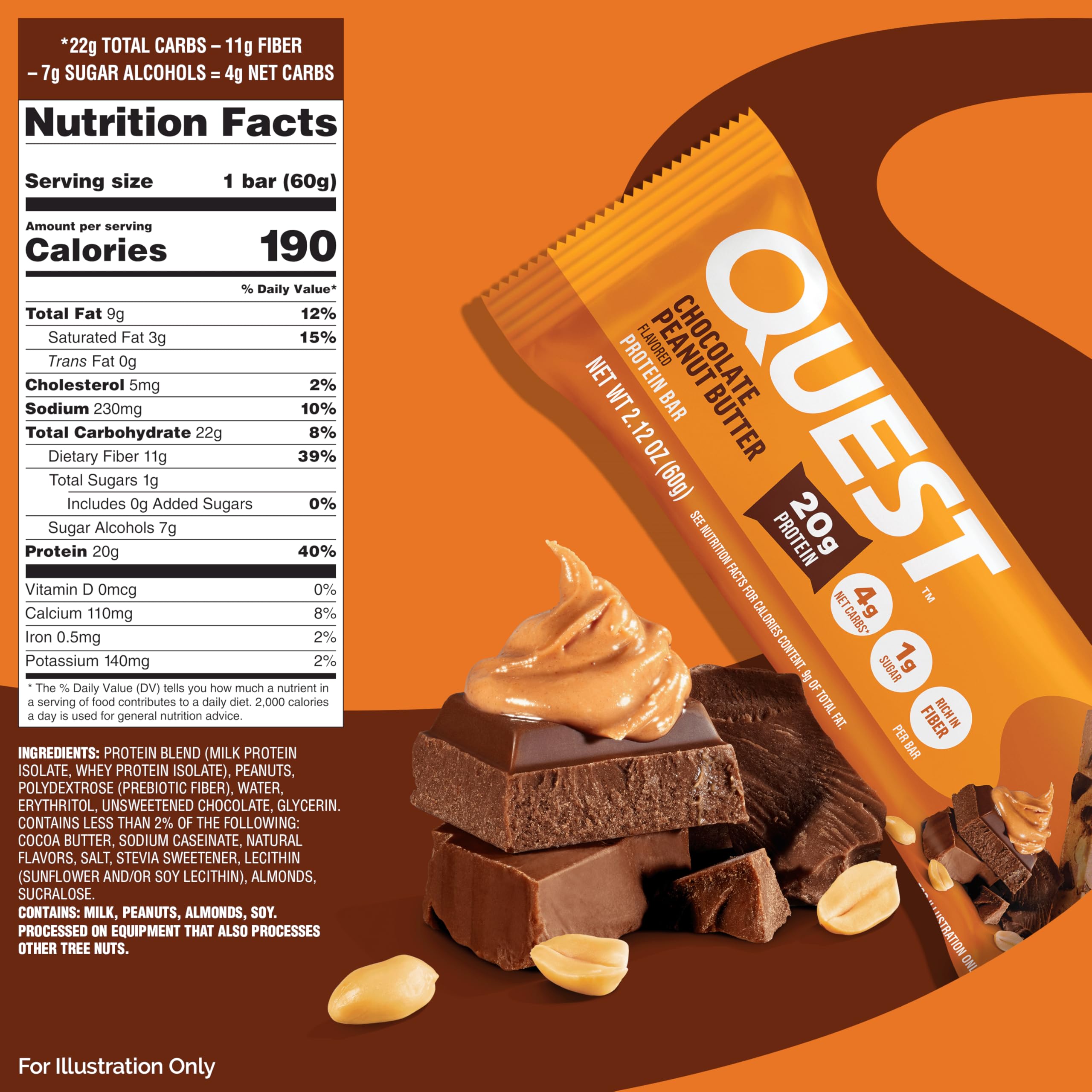 Quest Nutrition Chocolate Peanut Butter Protein Bars, 20g Protein, 1g Sugar, 5g Net Carb, Gluten Free, Keto Friendly, 4 Count — Amazon image 2