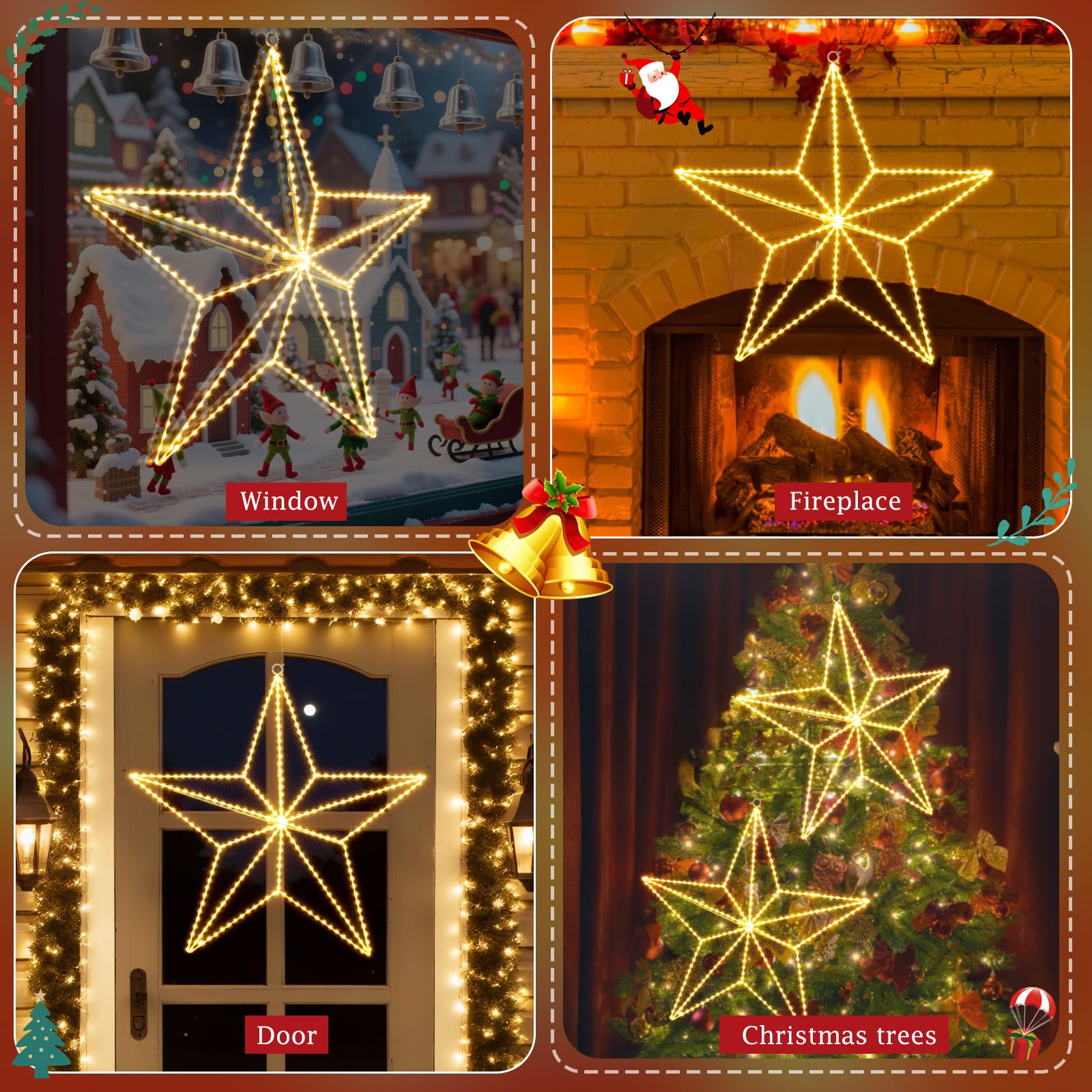 GlobaLink LED Weihnachtsdeko Fenster - 3D Fünfspitzstern Eisenleuchten mit Stecker (Netzbetrieb), 282 Warmweiß-LEDs, Faltbar, Indoor/Outdoor für Schlafzimmer, Weihnachtsfeier & Außenbereich