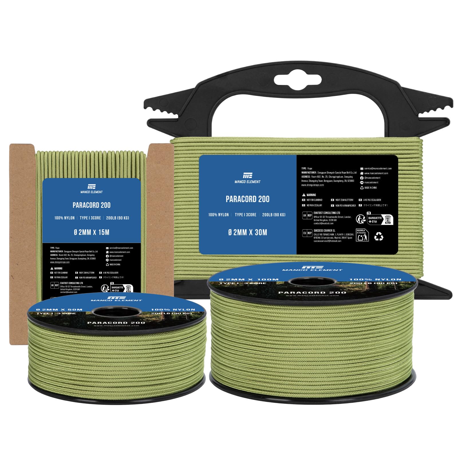 Manco Element Paracord 2mm 50m 3 Strands Type I Holy Guacamole | 100% Nylon Parachute Cord Rope | 90KG Load Capacity - Ideal for DIY, Crafting, Outdoor, Camping