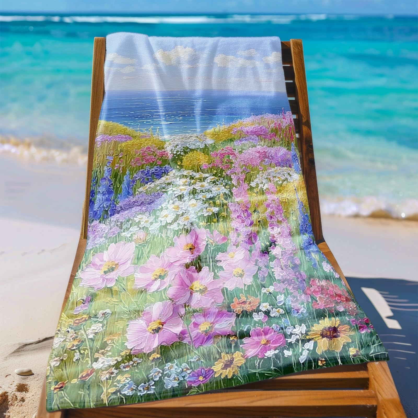 Beach Towel 80x160 Pink Flower Sea Microfibre Quick Dry Towel for girls,Pool Swimming Travel Towels,Sand-Resistant, Absorbent, Lightweight