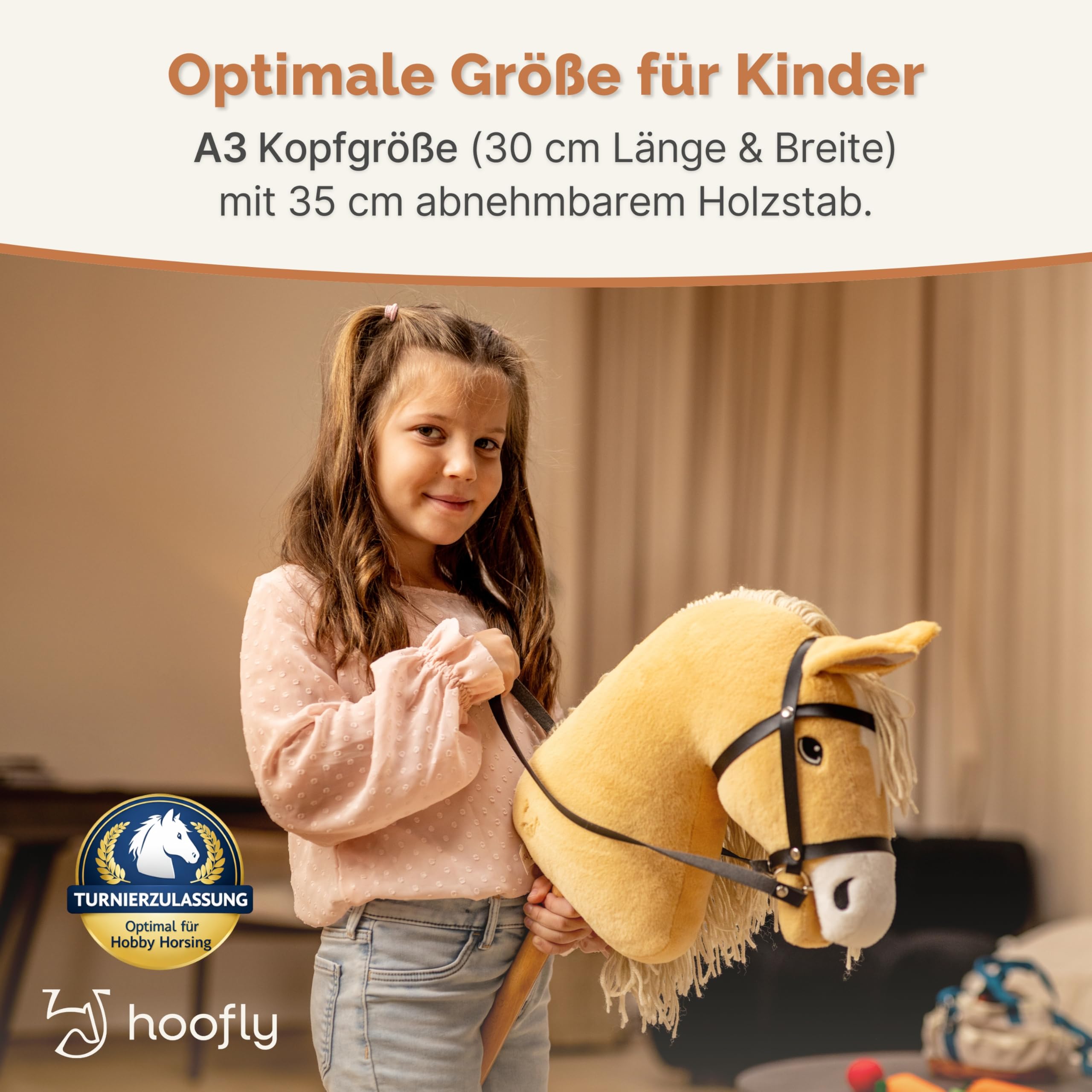 Hobby Horse Pferde – Großes Steckenpferd für Kinder A3 mit Trense & 40 cm Schraubstab | Realistisches & weiches Stockpferd Beige (Haflinger) | Hobby Horsing Pferd in 4 liebevollen Farben