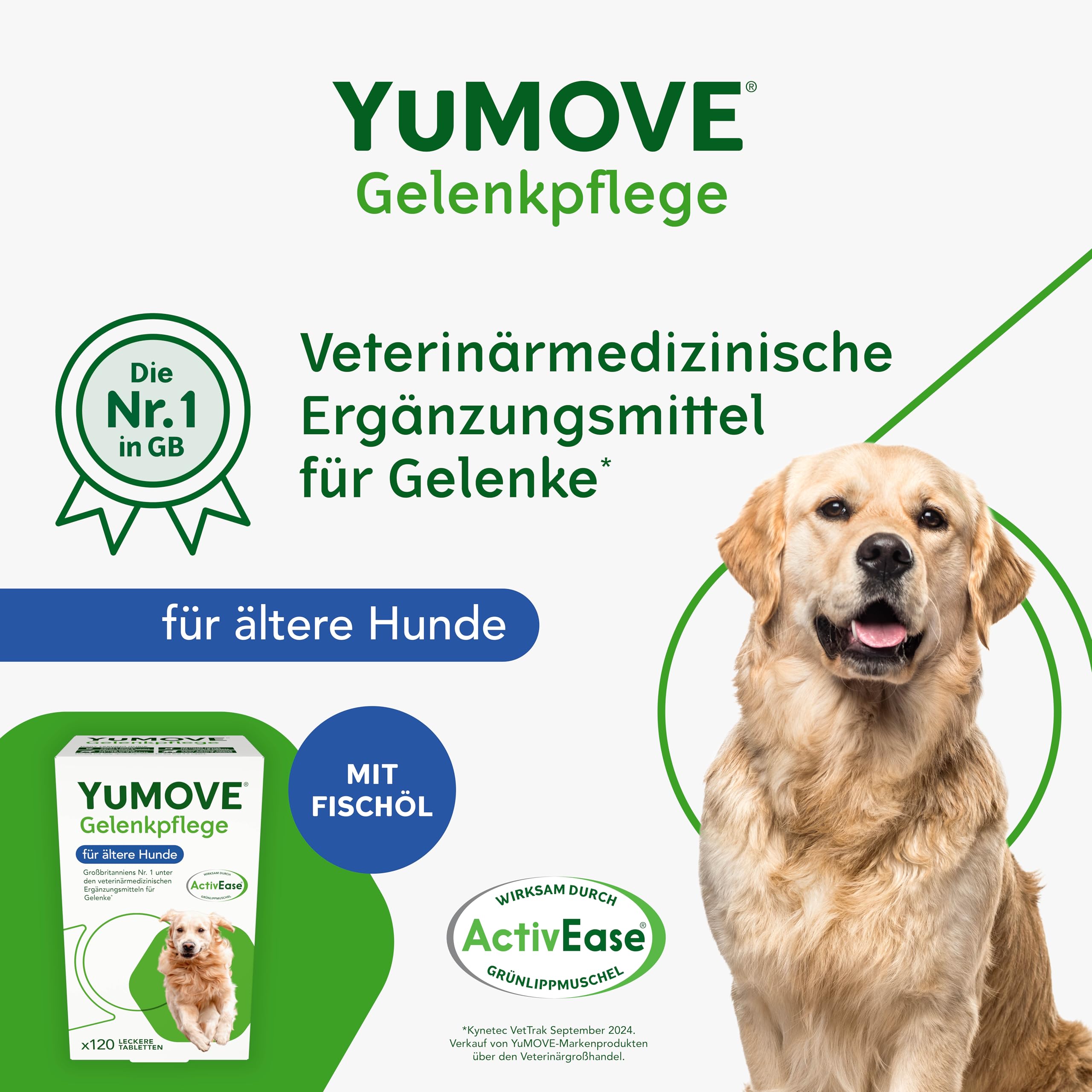YuMOVE Gelenktabletten Hund 120 Tabletten - Gelenke & Beweglichkeit Altere Hunde 8+ Jahre - 170mg Jede Tablette Patent Angemeldet ActivEase Grünlippmuschel Hund - Mit Glucosamin, Chondoitin & Omega-3