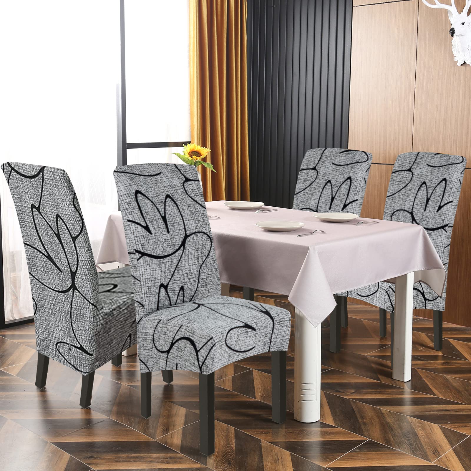 Jaotto Fundas para Sillas de Comedor XL Pack de 6,Grande Fundas de Sillas de Comedor Respaldo Alto Elásticas Lavables,Modernas Cubiertas para Sillas para Hotel Banquete,Flor Gris