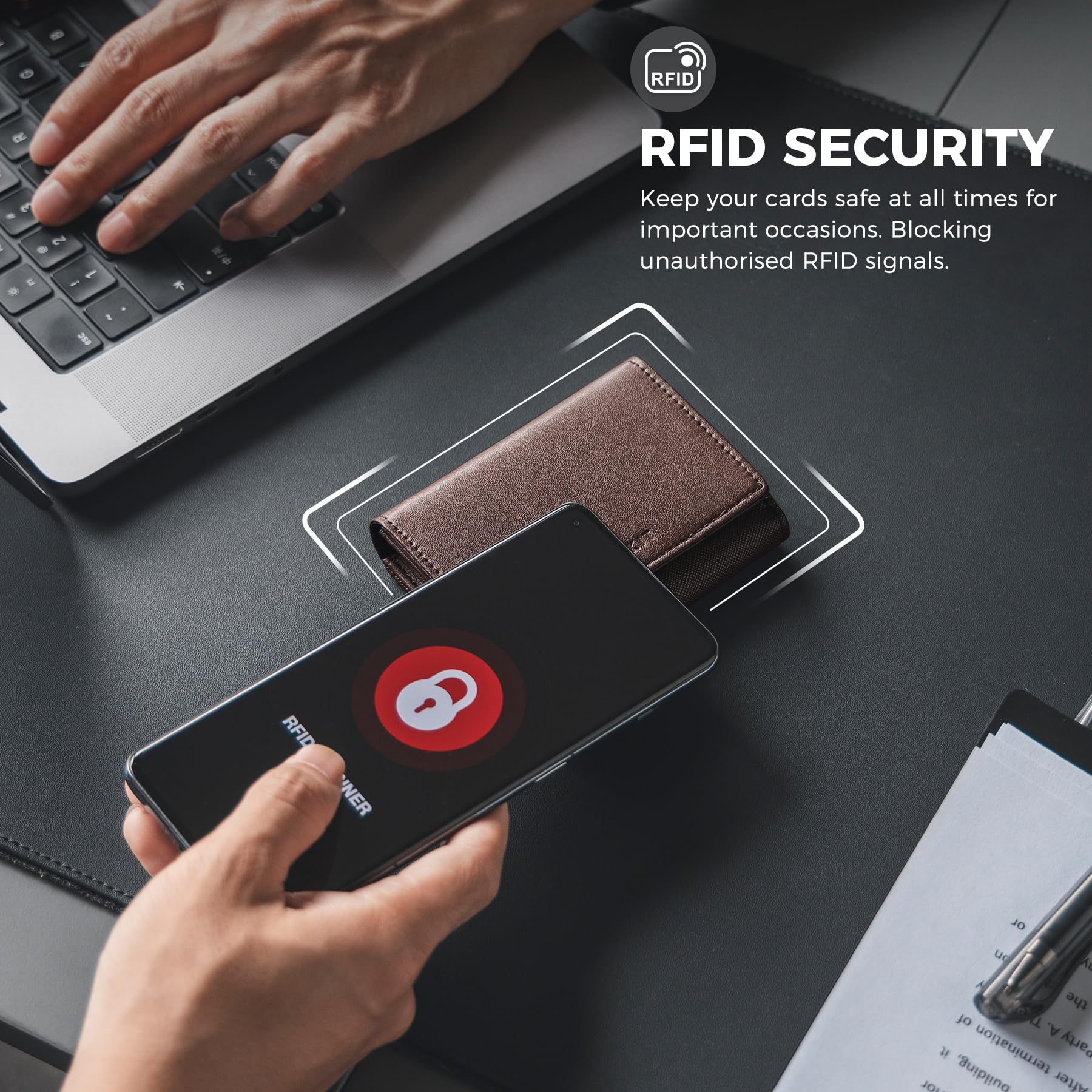 VULKIT Etui na wizytówki, wysokiej jakości skóra, blokada RFID, z okienkiem na dowód osobisty, magnetyczne zamknięcie pomieści do 40 wizytówek, Espresso, Biznes