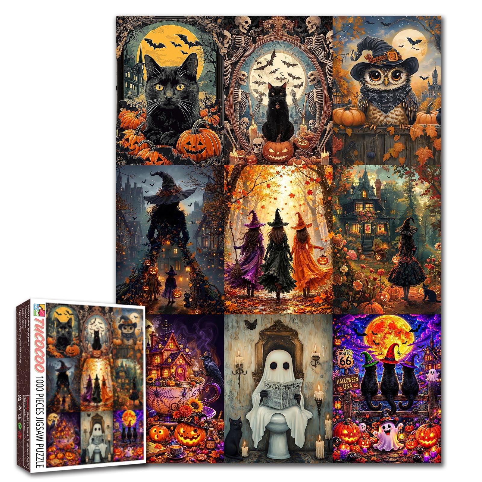1000 Piece Puzzle for Adults Halloween Cats and Pumpkins Jigsaw Puzzle Gothic Autumn Night Spooky Haunted House Puzzles Witch Decor Colorful Seasonal Artwork Family Challenge Gift for Women and Men — image 1