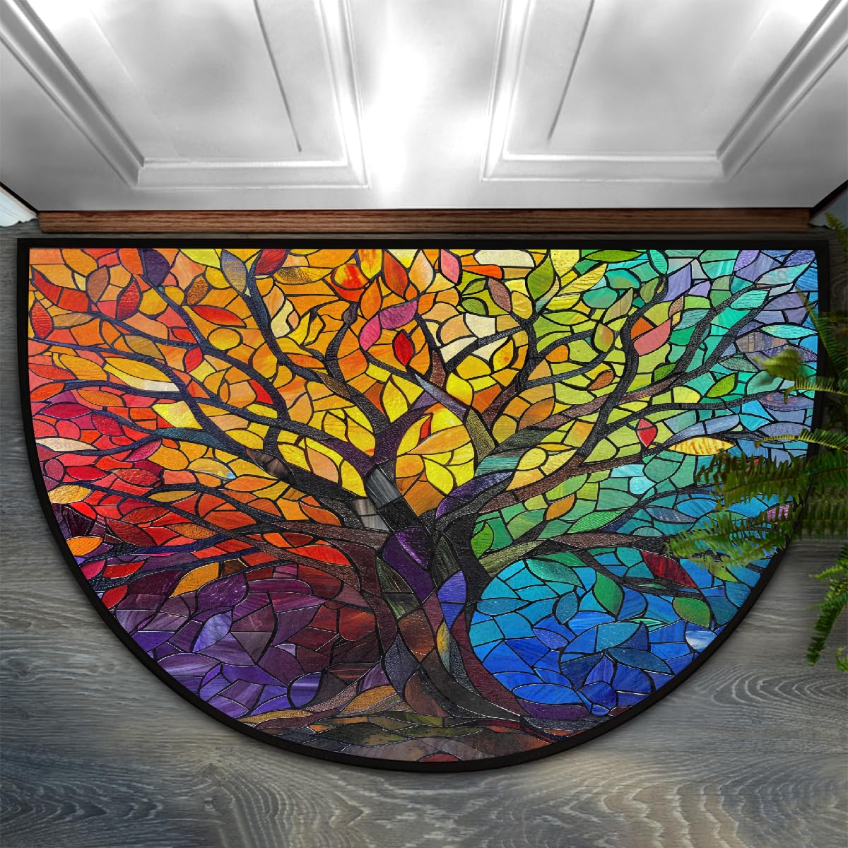 Half Round Doormat Non-Slip Washable Stained Glass World Tree Semi Circle Rug Soft Absorbent Half Moon Mat for Indoor Outdoor Entrance Kitchen