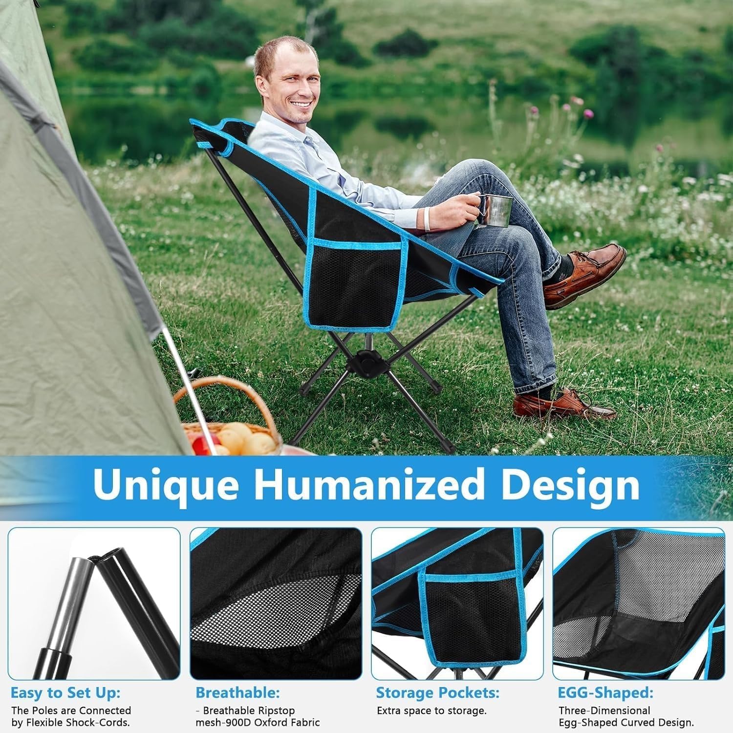 Chaise de Camping Pliable, Chaise Pliante Portable Légère avec Sac de Transport, Charge Maximale 120kg, Ultra Légère Chaise de Plage Pliable pour Les Voyages, Randonnée, Camping, Pique-Nique - 4