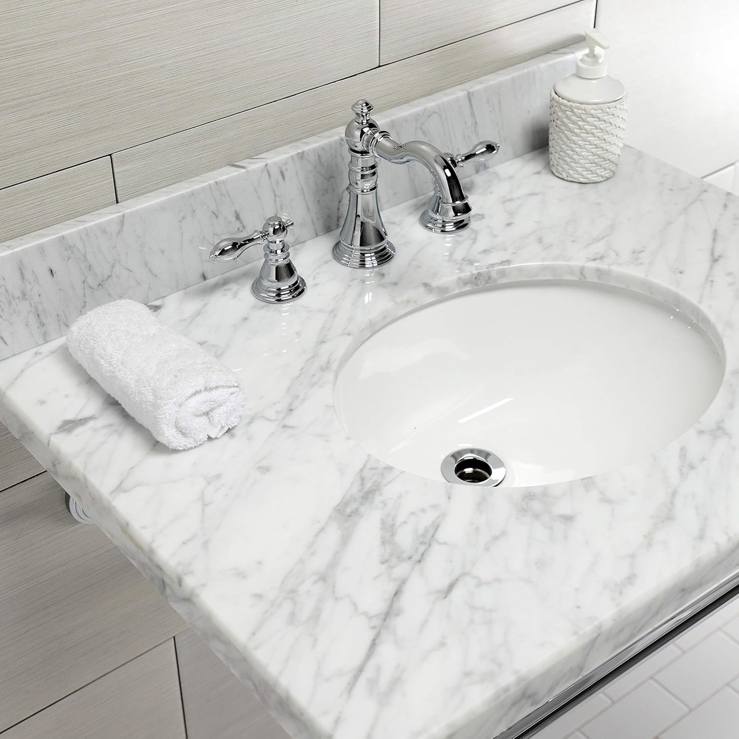 Kingston Brass KVPB3022M81 Edwardian 30" Console Sink with Brass Legs (8-Inch, 3 Hole), Marble White/Polished Chrome