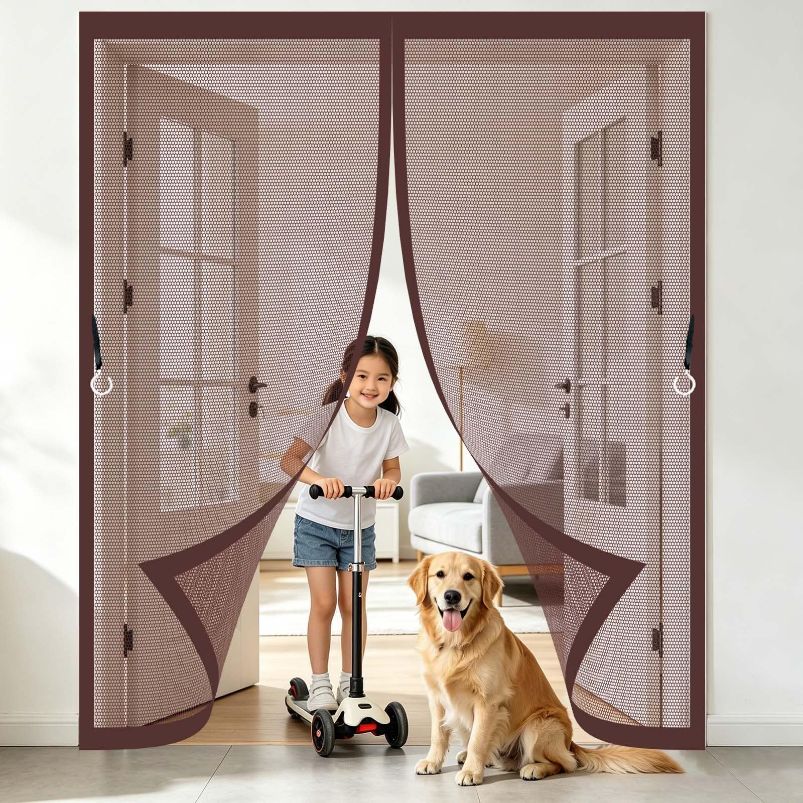 Guoyfen Brown Fly Screen Door 112 X 228 Cm With Powerful Magnets And Full Frame Magic Tape, Keep Bugs Out Magnetic Curtain Adhesive Installation Without Drilling For Terrace, Cellar,