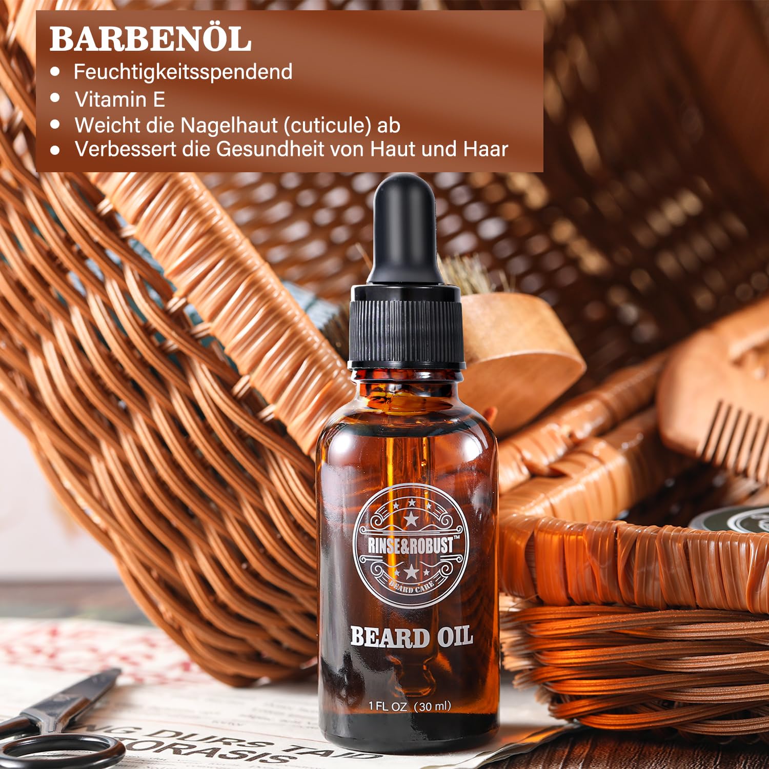 Rinse&Robust Kit de rinçage pour barbe 8 pièces avec sac de voyage, parfum eucalyptus, brosse à barbe, peigne à barbe, ciseaux à barbe, shampoing à barbe