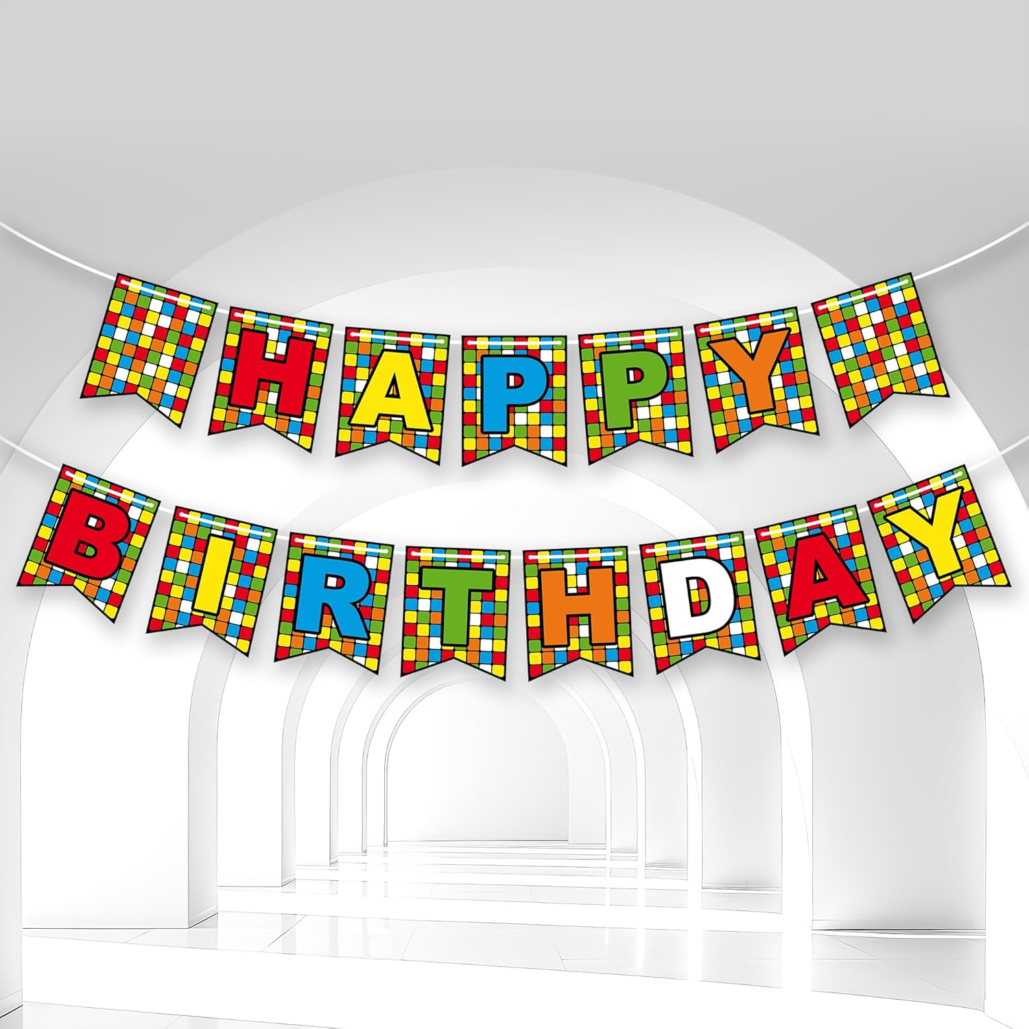 Colorful Cube Birthday Banner Plaid Block Puzzle Game Themed Decor with Colorful Letters for Kids Boys Girls Birthday Party Baby Shower Favors Decorations Supplies BECKTEN