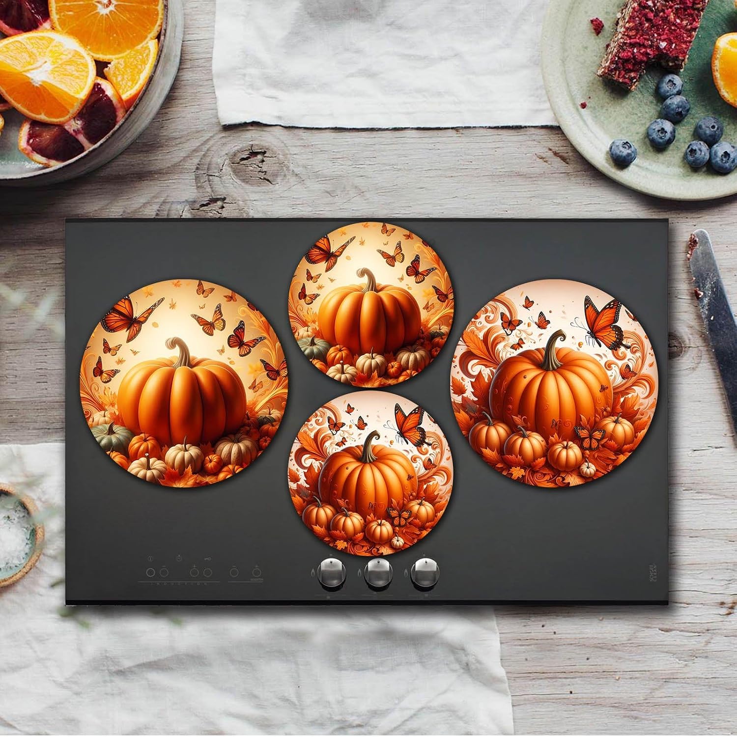 Fall pumpkin butterfly Round stove covers 4 piece set 8 inch and 10 inch metal burner cover for kitchen home harvest thanksgiving seasonal decor Halloween