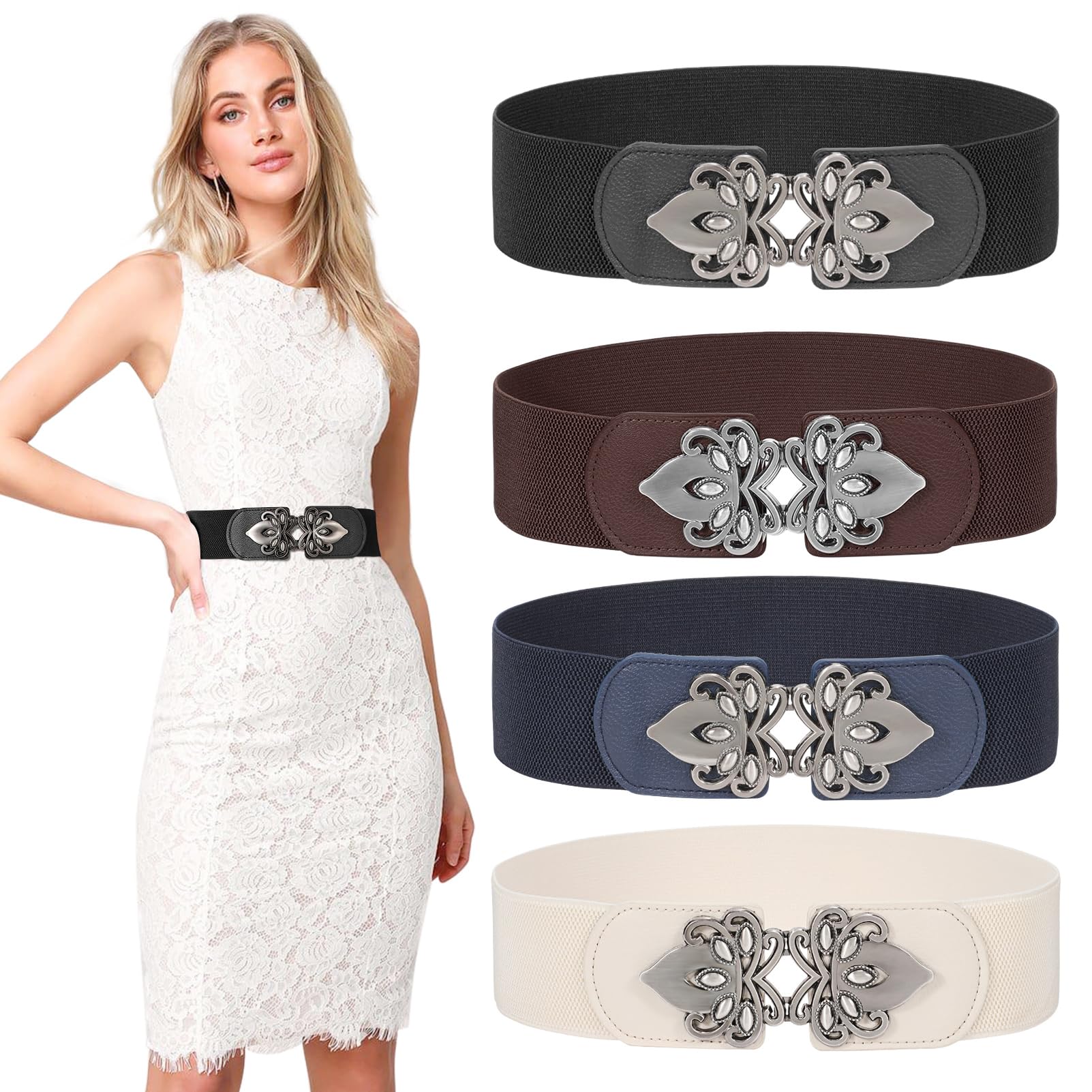 4 Pack Women Wide Elastic Waist Belt for Dress Plus Size Vintage Stretch Belt Retro Buckle 2.36" Width