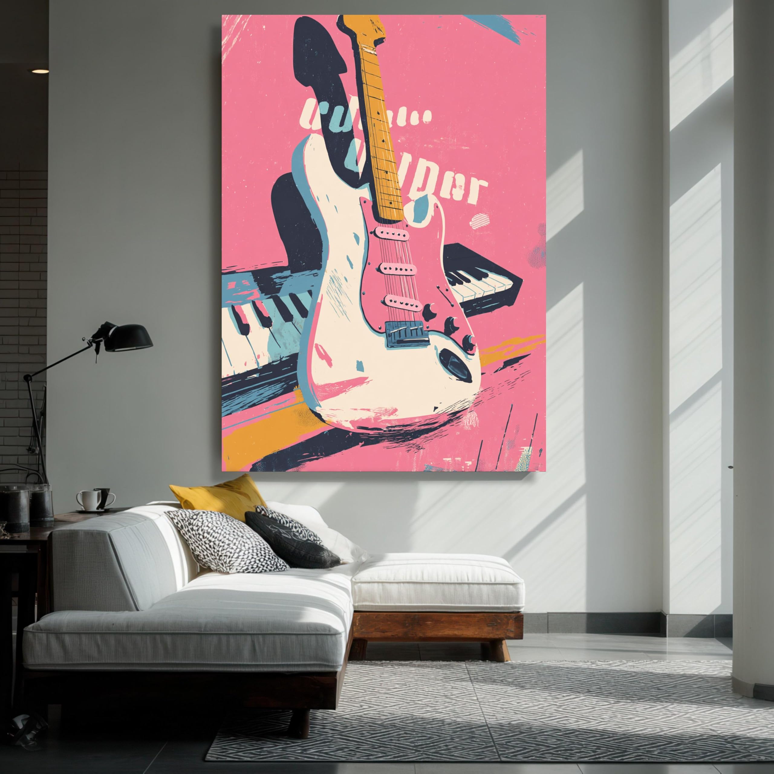 XINBAO Vintage gitara retro fortepian sztuka ścienna ilustracja instrument muzyczny różowe tło dekoracja muzyczna (50 x 75 cm / wewnętrzna rama)