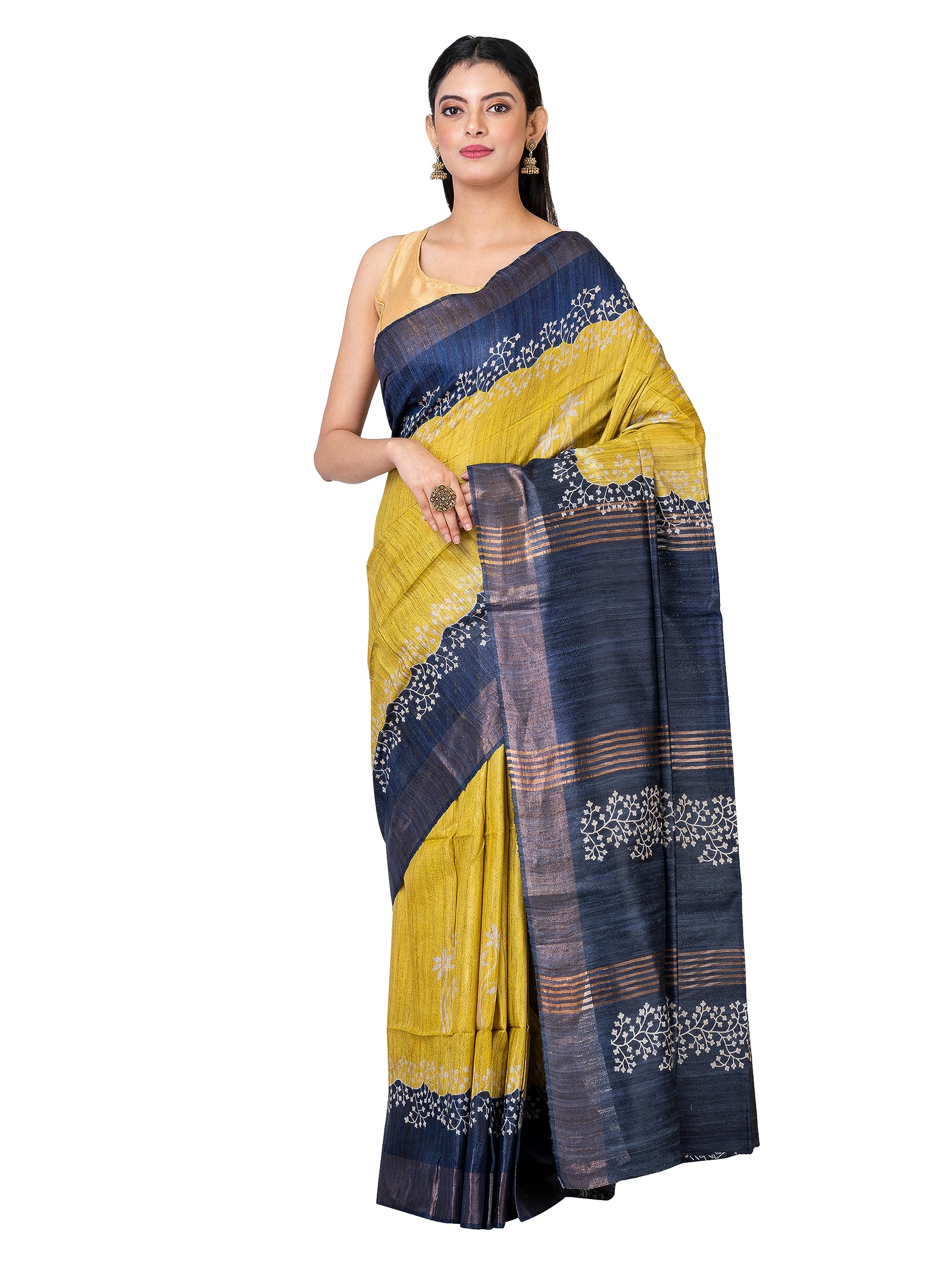 Tussar ghicha zari boader block/floral printed pure silk saree with unstich blouse and silk mark certified (navy blue)-image-1