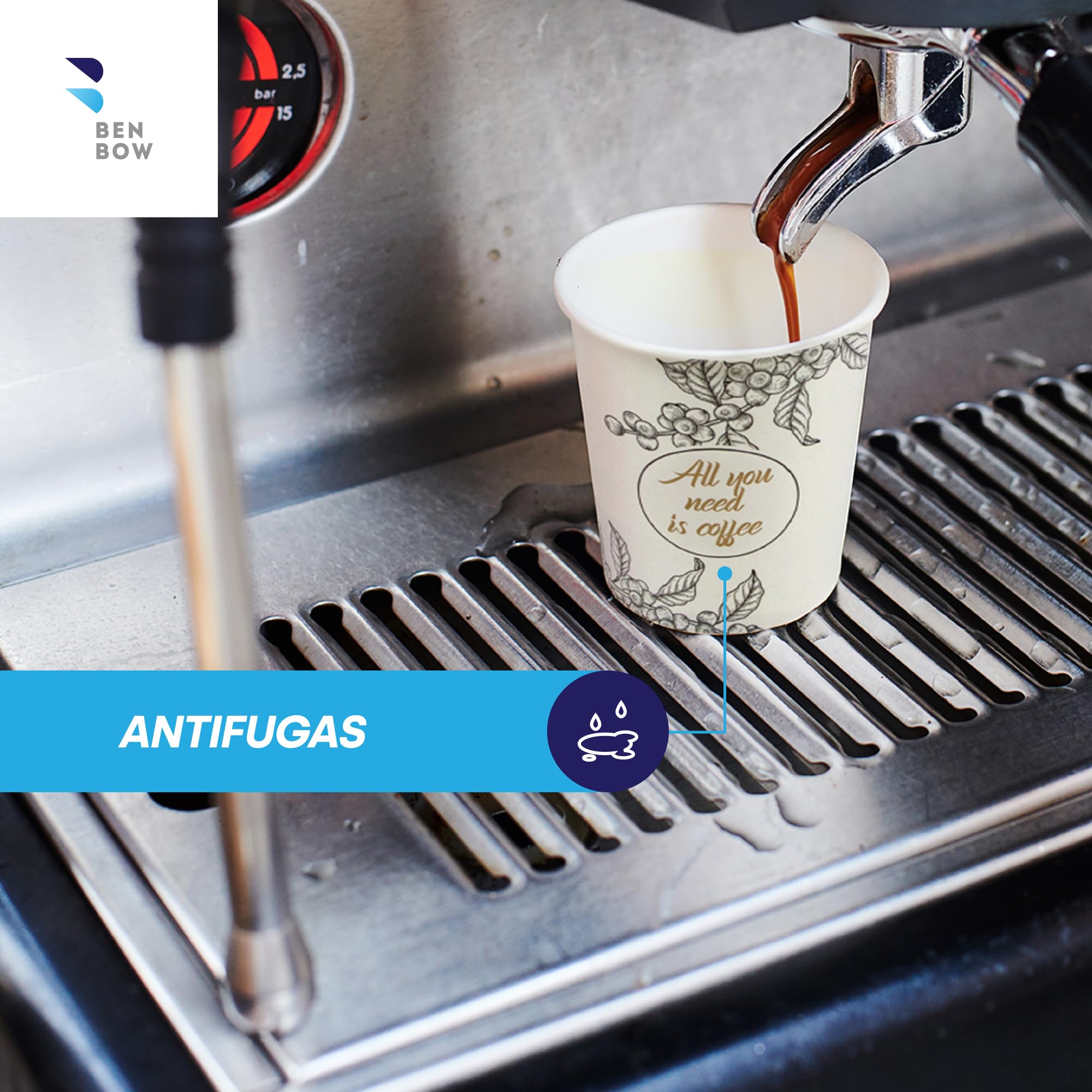 BenBow 300 ml x 250, Vasos Desechables para Llevar, Vasos de un Solo Uso para Viajes, All You Need Is Coffee, Vasos para Oficina y Máquinas de Café, Robustos y Prácticos