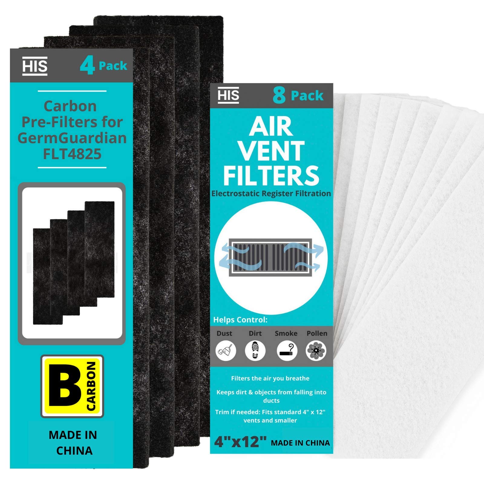 Air Vent Filter and Air Purifier Filter 12 Pack - (8) Air Vent Filters & (4) Activated Charcoal Filters Compatible w/Germ Guardian Filter B - Replacement Floor Vent Filters