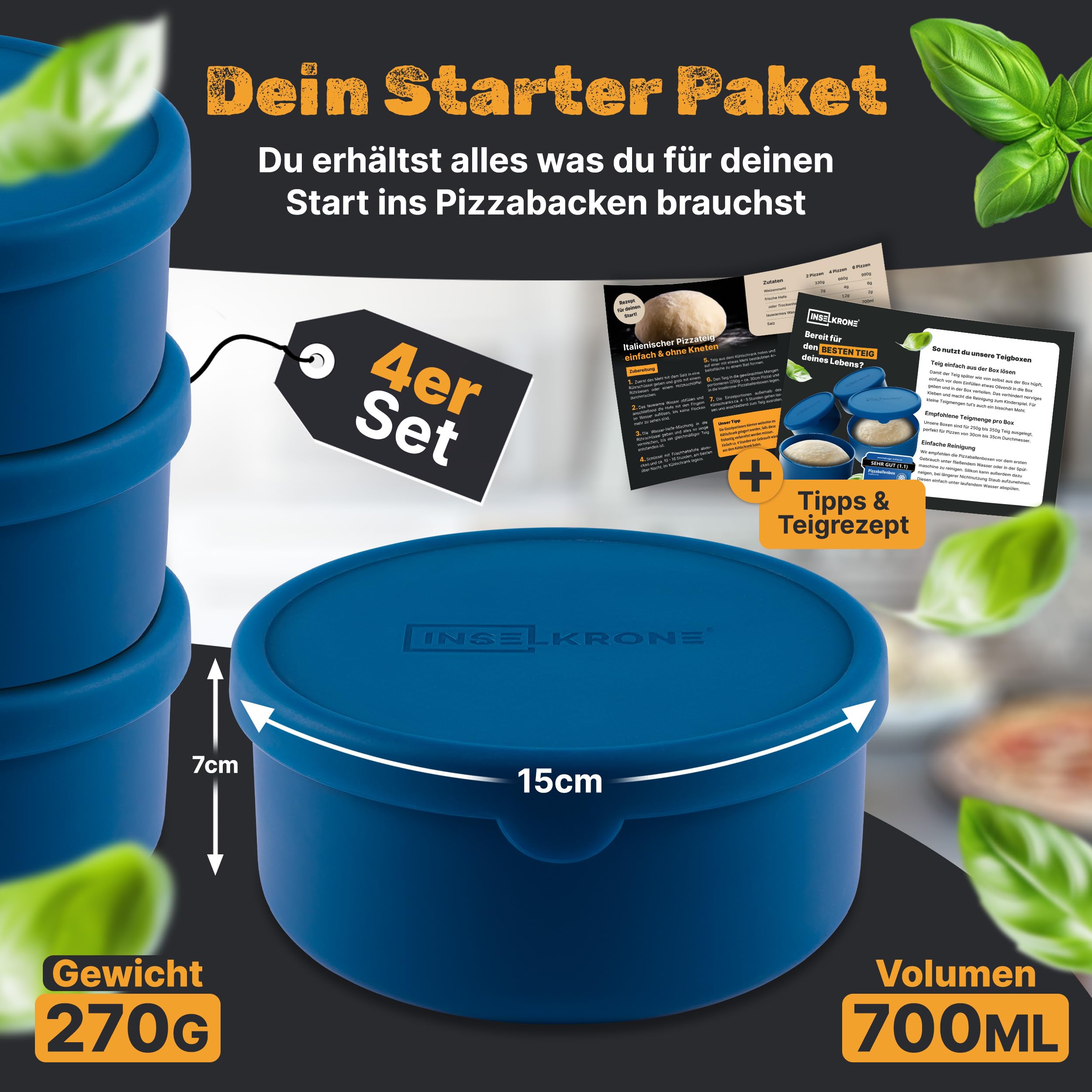 Scatola per pizza con coperchio, set da 4 pezzi, in silicone flessibile, fino a 350 g, con coperchio, traspirante, per pizza, per la fermentazione, colore blu, diametro 14 cm