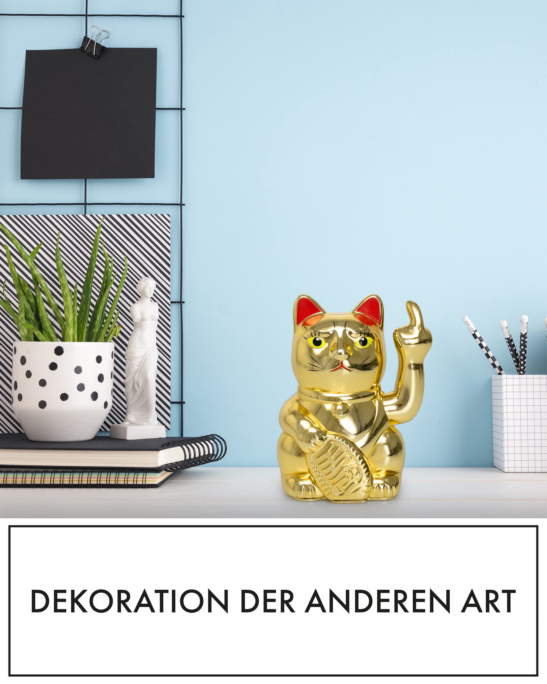 ANGRY CAT - Gato de guiño Lucky Cat - Gato Divertido Que Llama - Gato japonés - Artículo Decorativo de Gato - Brazo de ángulo - 15 cm - Oro