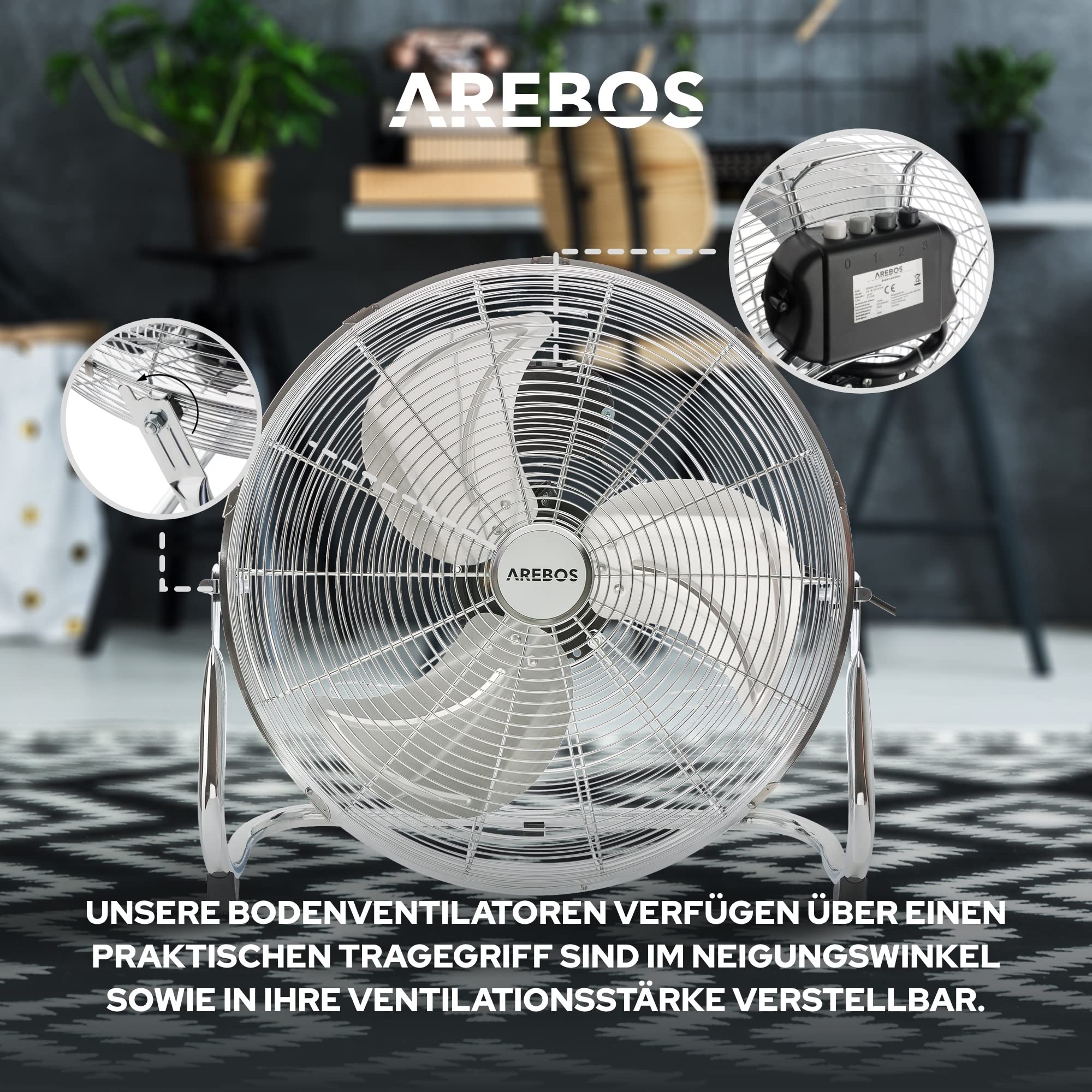 Arebos Bodenventilator Ø45 cm | Windmaschine Retro Stil | Ventilator | 3 Geschwindigkeitsstufen | hoher Luftdurchsatz | 100° einstellbarer Neigungswinkel | Chrom