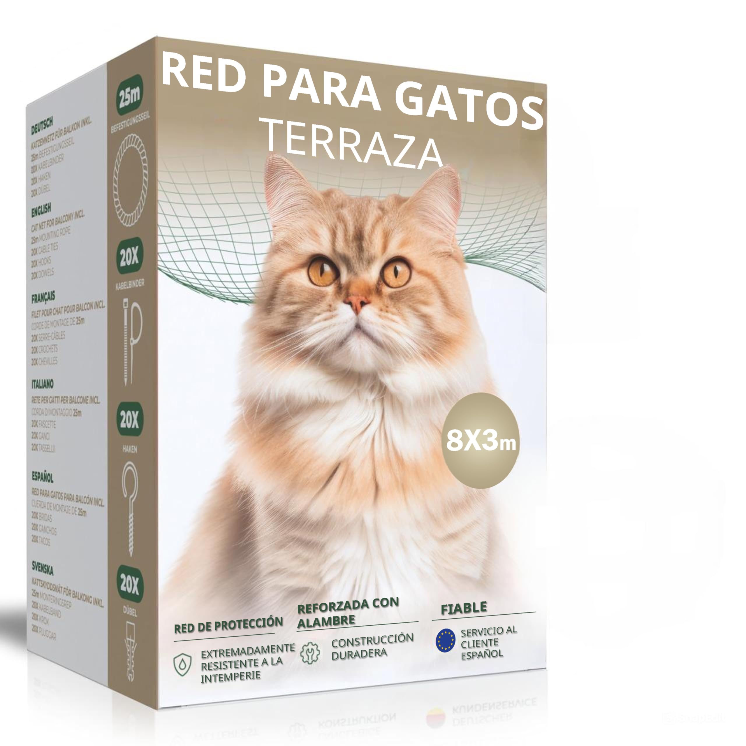 WOOWOOD® Red para Gatos terraza [Extra Reforzado con Alambre] | Red Gatos terraza | Red para Gatos | Red Gatos | Redes para Gatos | Red Gatos Ventanas | Malla para Gatos (8X3m)