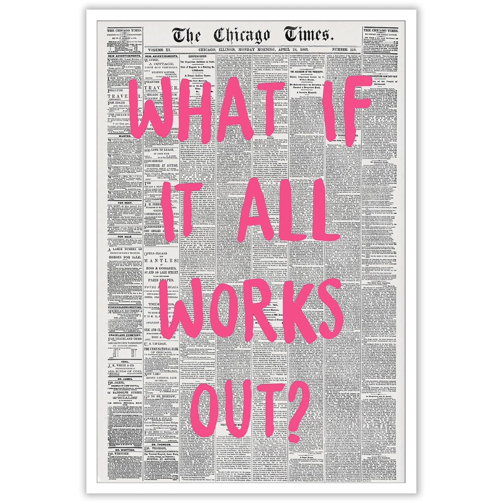 Liyark Retro Trendy Newspaper Canvas Wall Art - 'What If All Works Out' Positive Affirmation Quote - Pink Font - Minimalist Home Decor - 16x24in Unframed
