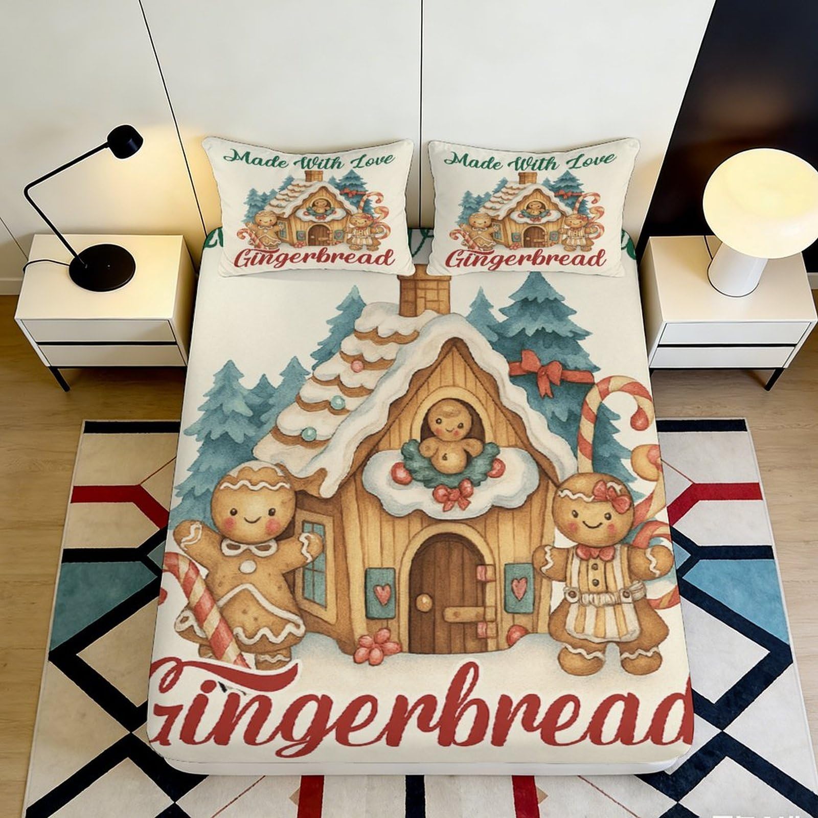 3D Printed Gingerbread Fitted Sheet Microfiber Soft Breathable Christmas Bed Cover for Bedroom Dormitory Guest Room Mattress Protection Decoration 160x200x25cm