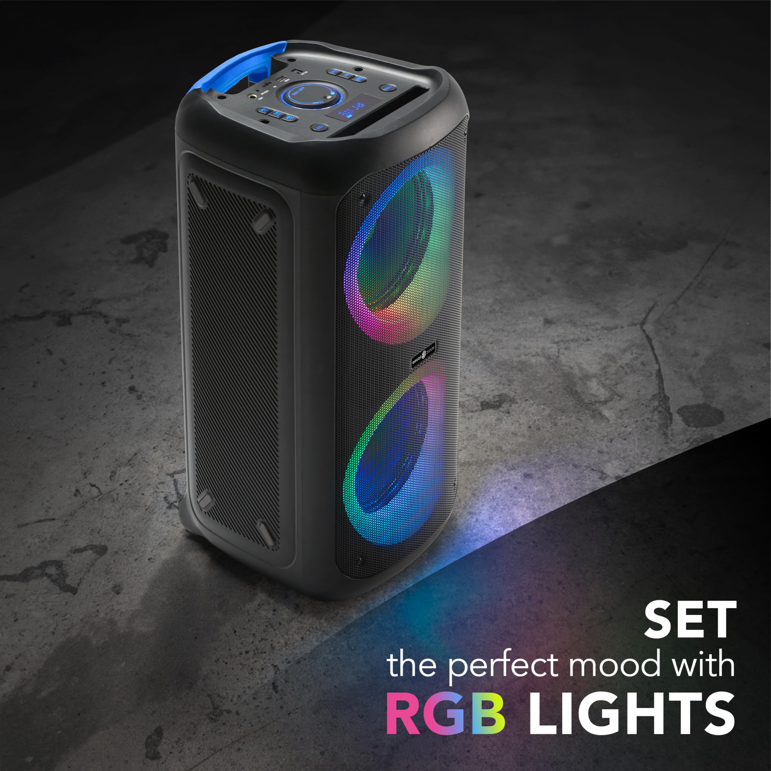 Music Sound - Sound Box - głośnik Bluetooth o mocy 80 W - bezprzewodowy - światła RGB - 4 godziny odtwarzania - pilot zdalnego sterowania do sterowania wszystkimi funkcjami głośnika - czarny