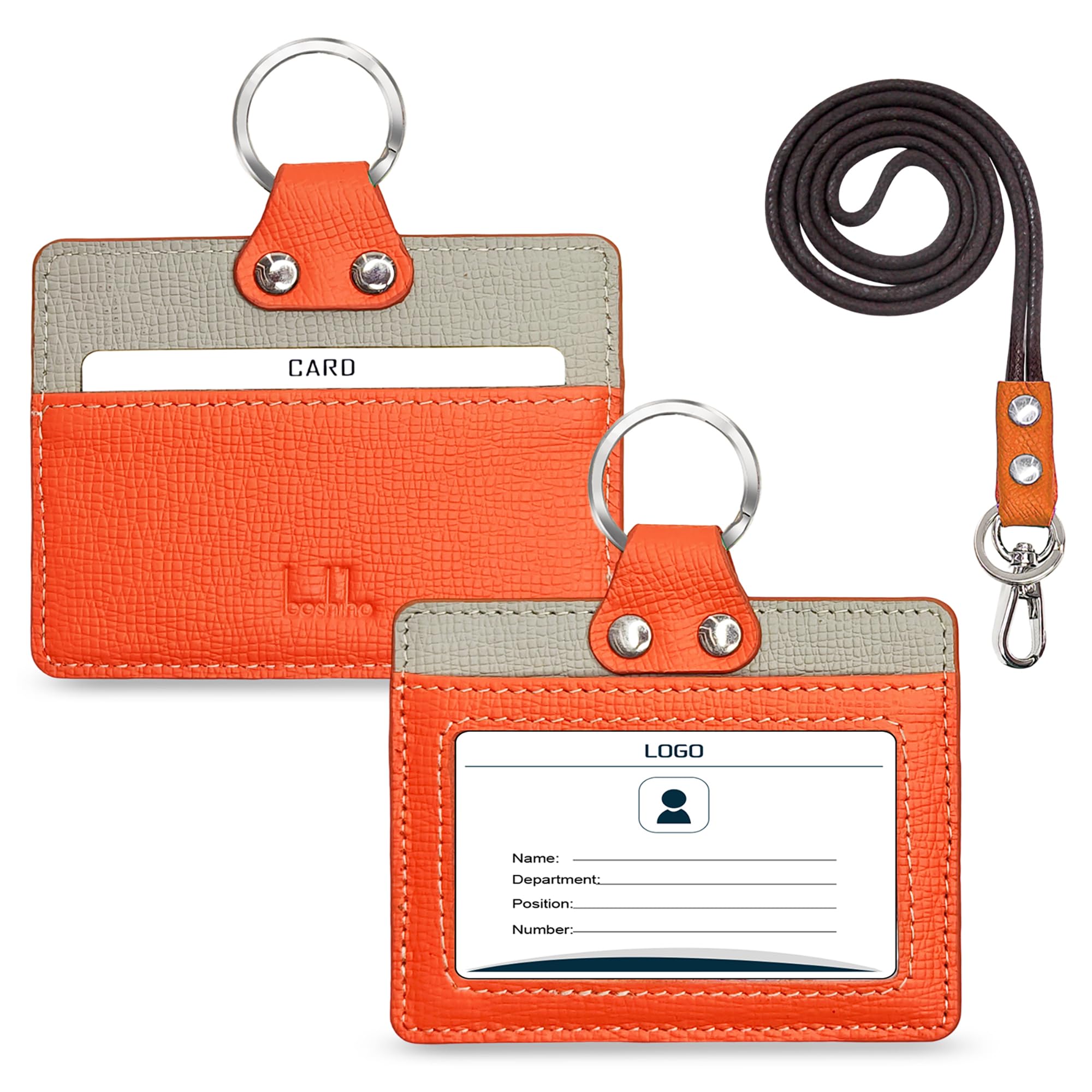 Badge Holder: Boshiho Cowhide Leather ID Badge Card Holder with 19" Neck Lanyard, Horizontal Style (Orange)