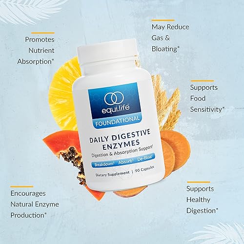 Miniatura 3 de Equilife Suplemento diario de enzimas digestivas con bromelina, lactasa y lipasa, apoya la digestión de proteínas, fibra, carbohidratos y grasas,