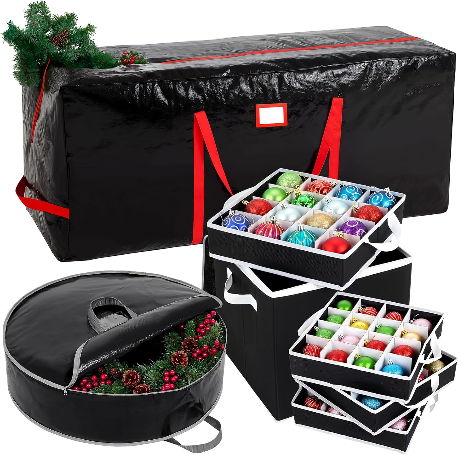 Pinkunn 3 Pcs Christmas Storage Christmas Set Include Tree Storage Bag 7.5ft & Wreath Bag 30 Inch & Ornament Box with Dividers Holds 64 Balls for Xmas Holiday Decorations