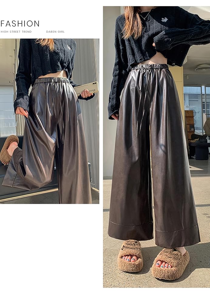 Amazon | [二力] レザー ワイドパンツ レディース 9分丈