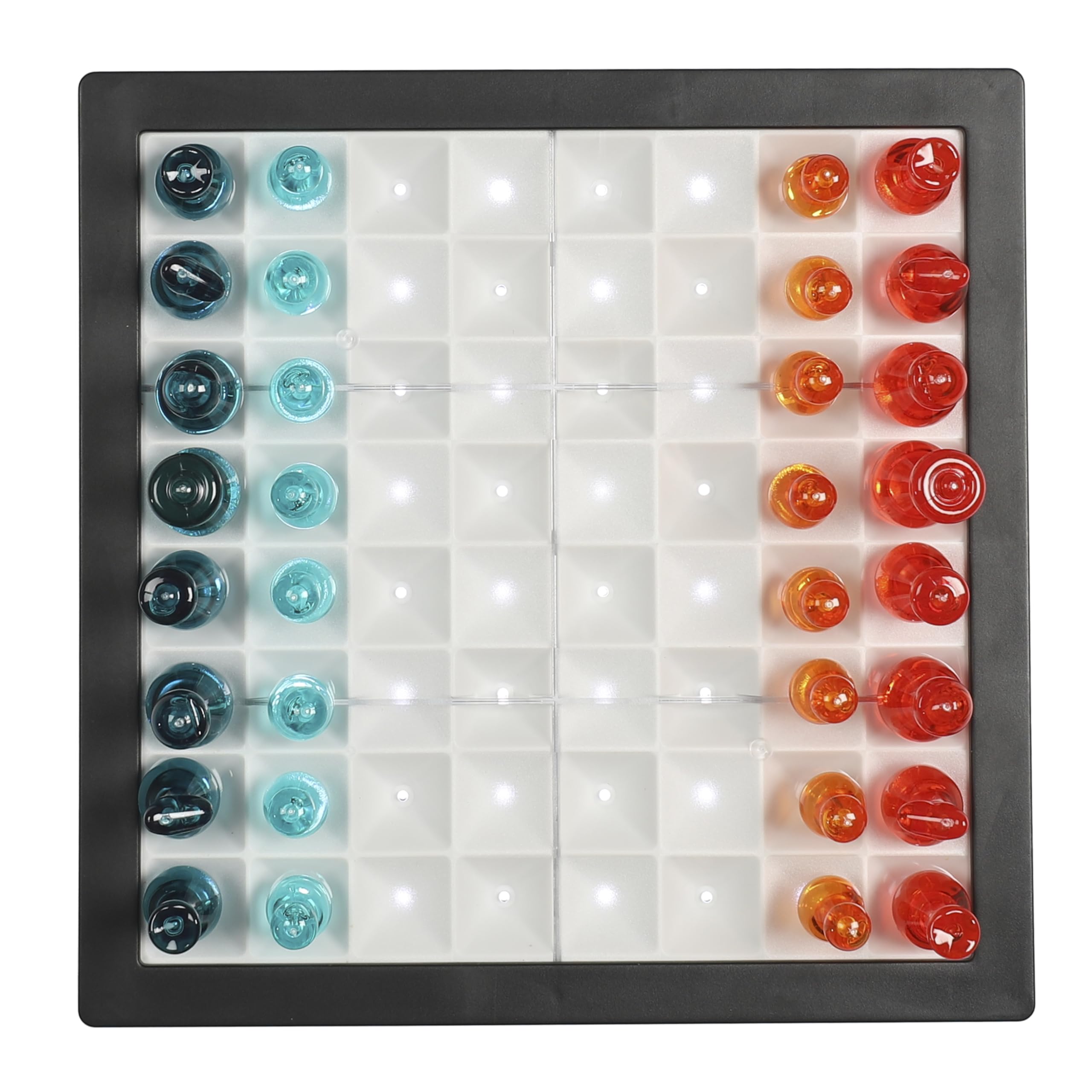 MISTER GADGET Jeu d'Échecs Transparent LED Échiquier Lumineux Multicolore | Plastique PS, jeu d'échecs transparent LED, échiquier lumineux, pièces noires bleues et blanches, soirées, multicolore