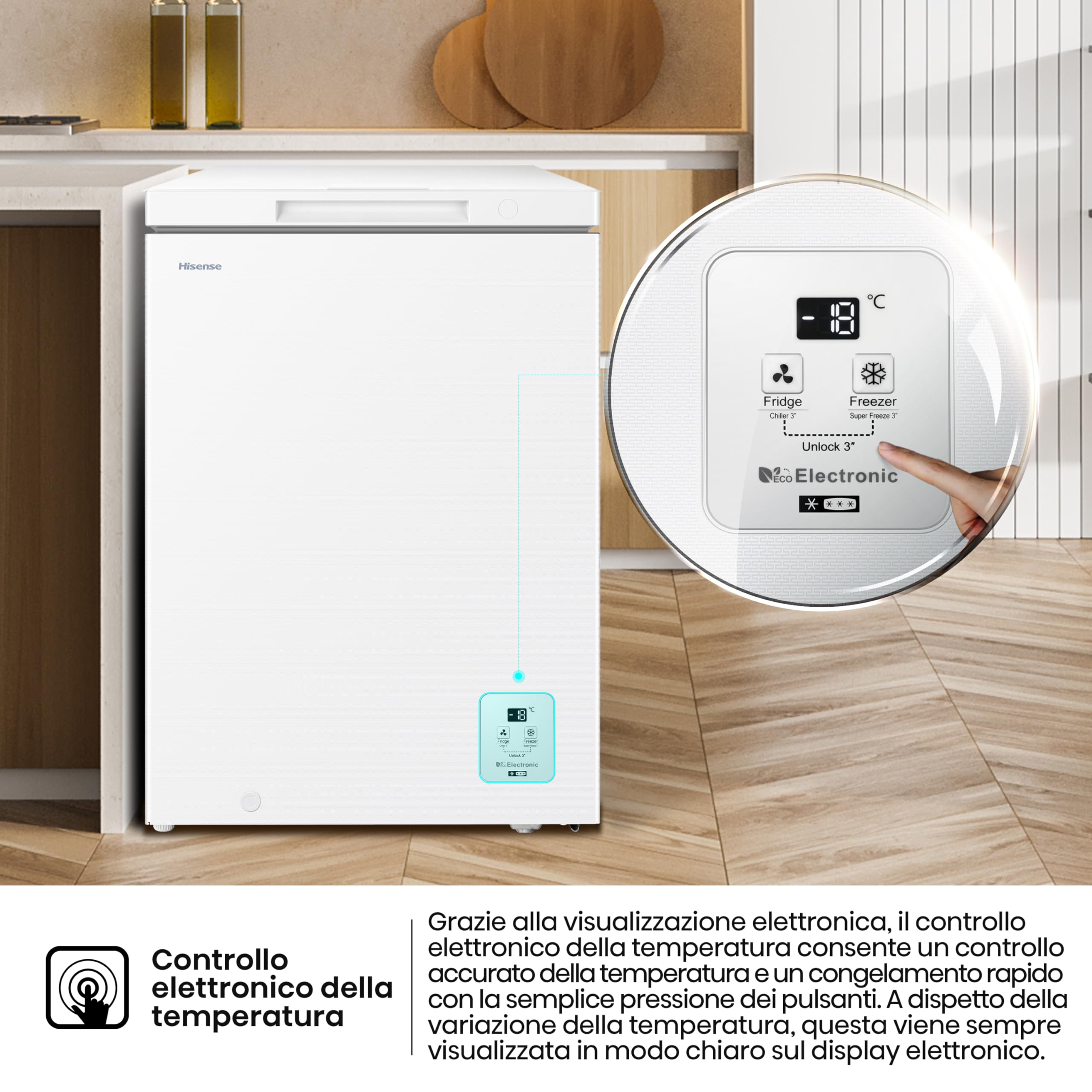 Hisense FT145N1AWE NUOVO Congelatore a pozzo 141 litri, Super Silenzioso 40 db, classe E, (L*P*A): 60,6×55,9×85,8 cm, Bianco