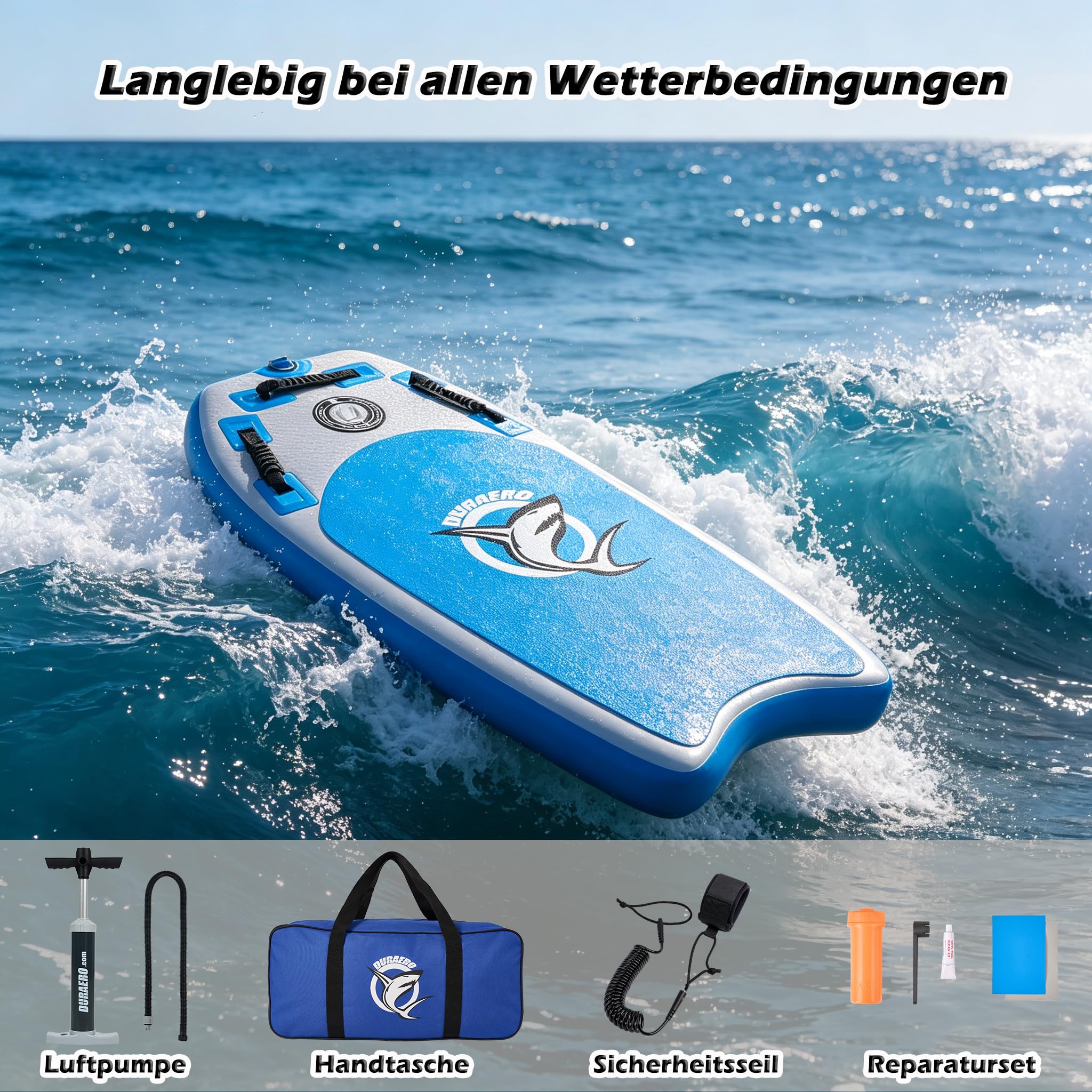 Bodyboard hinchable 105 x 53 x 10 cm, 3 asas para un mejor control, 2 aletas laterales para mayor estabilidad, superficie antideslizante EVA, incluye correa de seguridad, bomba y bolsa de transporte
