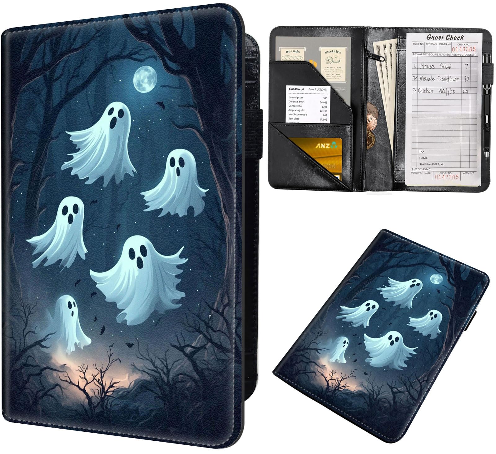 Server Book for Waitress – PU Leather Cute Server Organizer with Zipper Pocket, Card & Money Holder, Pen Loop – Fits Apron – Waitress Book for Servers