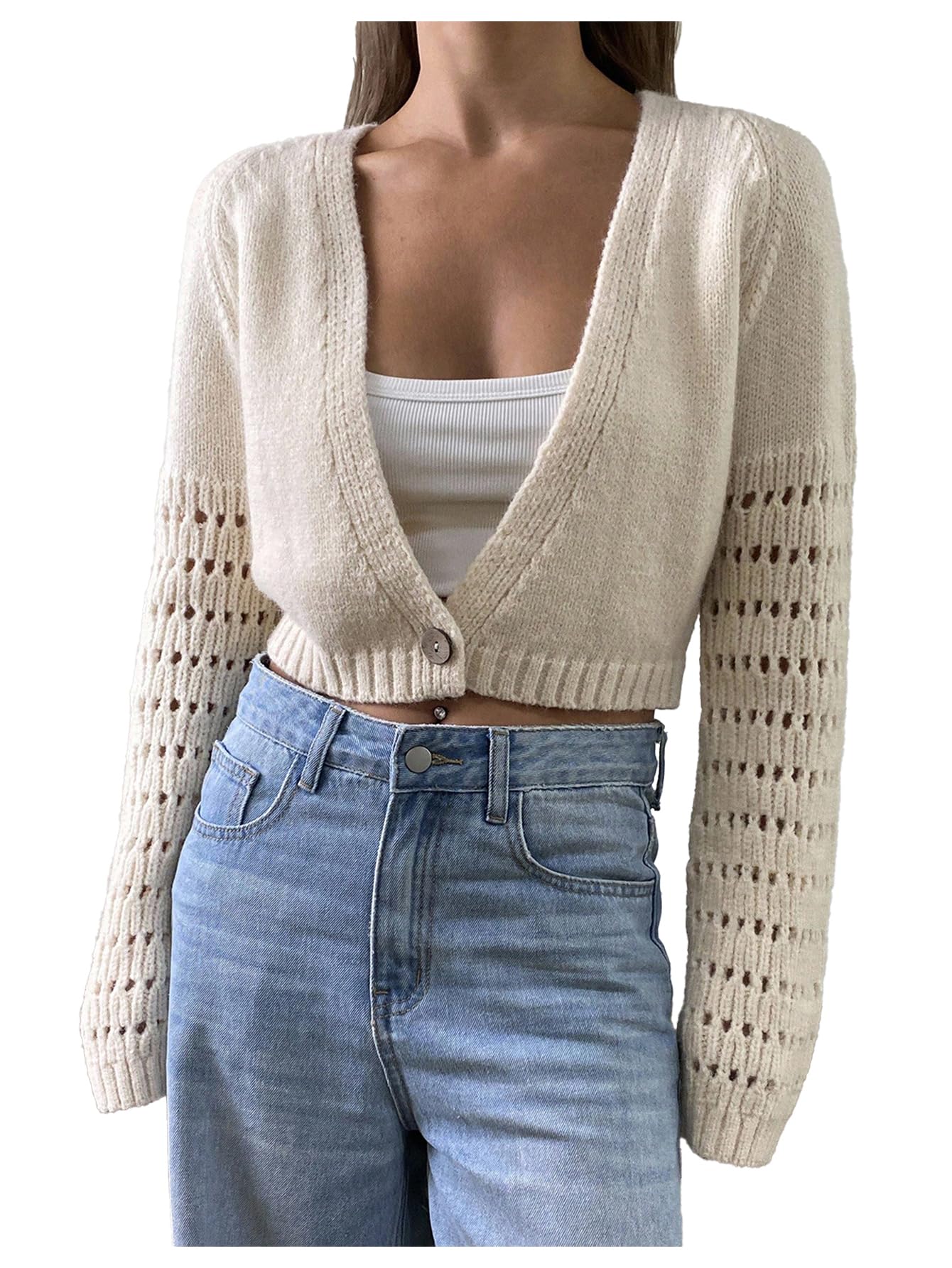 Floerns Womens Button Down Crop Cardigans V Neck Hollow Out Cozy Sweater Fall Clothes