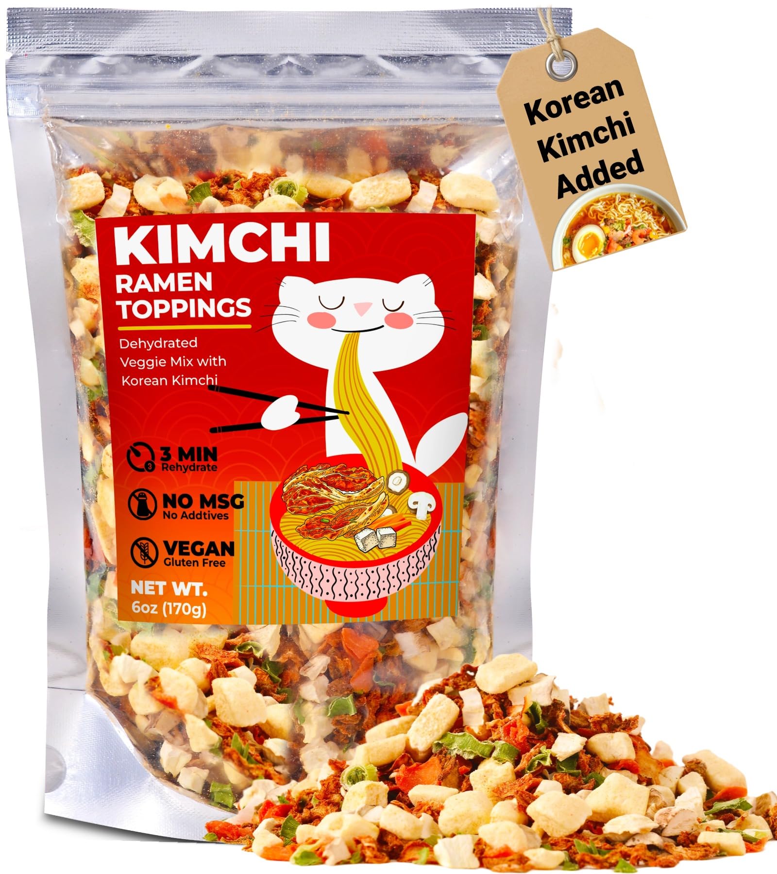 Dried Kimchi Ramen Toppings 6oz - 5 Ingredients Korean-Style Dehydrated Vegetable Mix, Vegan, No MSG, Preservative Free, Dried Vegetables for Instant Ramen Noodles, Soup (170g)