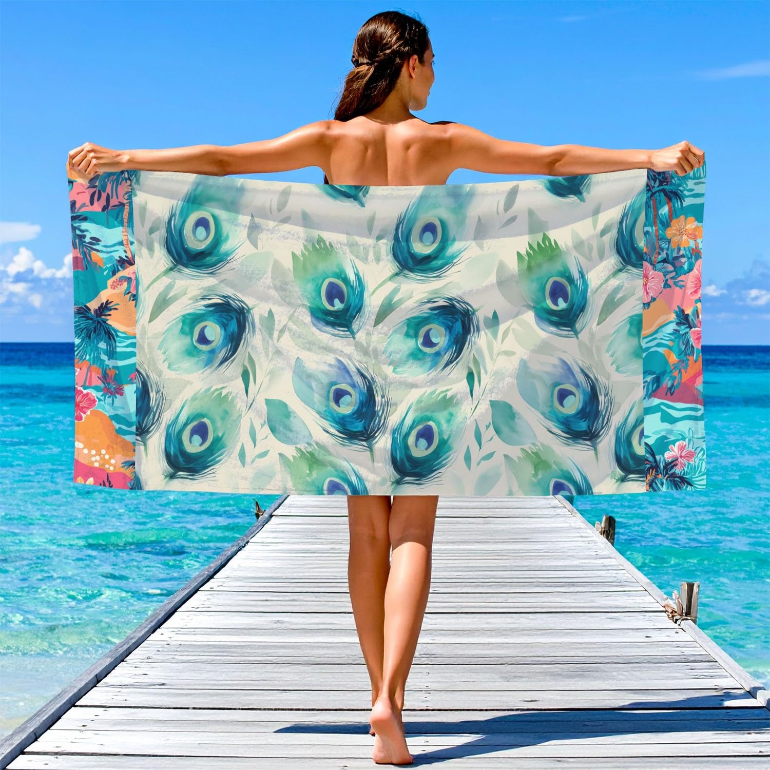Générique Drap de Plage Anti Sable Sechage Rapide 200 cm x 100 cm Silhouette Élégant Serviette de Plage Microfibre Aquarelle Frais Luxe Artistique Éthéré Plumes Absorbante Super Couverture de Plage
