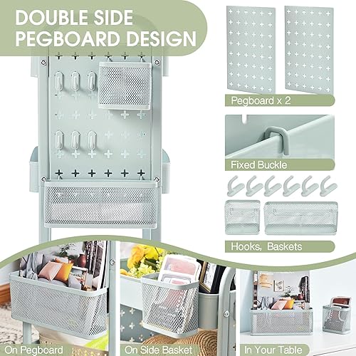 Miniatura 2 de TOOLF Carrito con ruedas de 3 niveles, carrito de almacenamiento de metal con tableros dobles de clavijas, carrito de manualidades con ganchos,