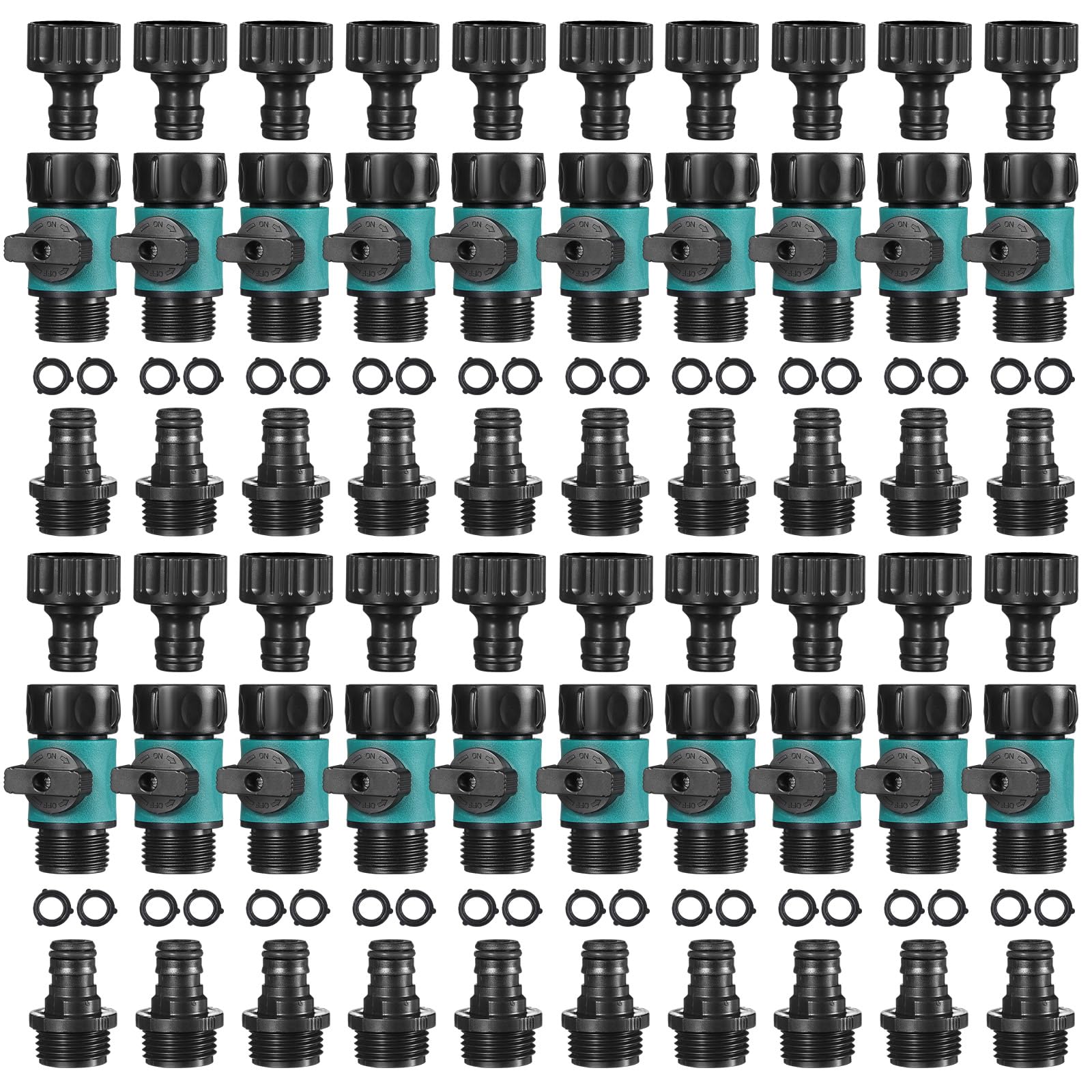 20 Pcs 3/4 Inch Plastic Garden Hose Connect Hose Quick Connector with Valve 40 Pcs Rubber Washers and 40pcs Male Adapter for Water Hose Coupling (Classic Style)