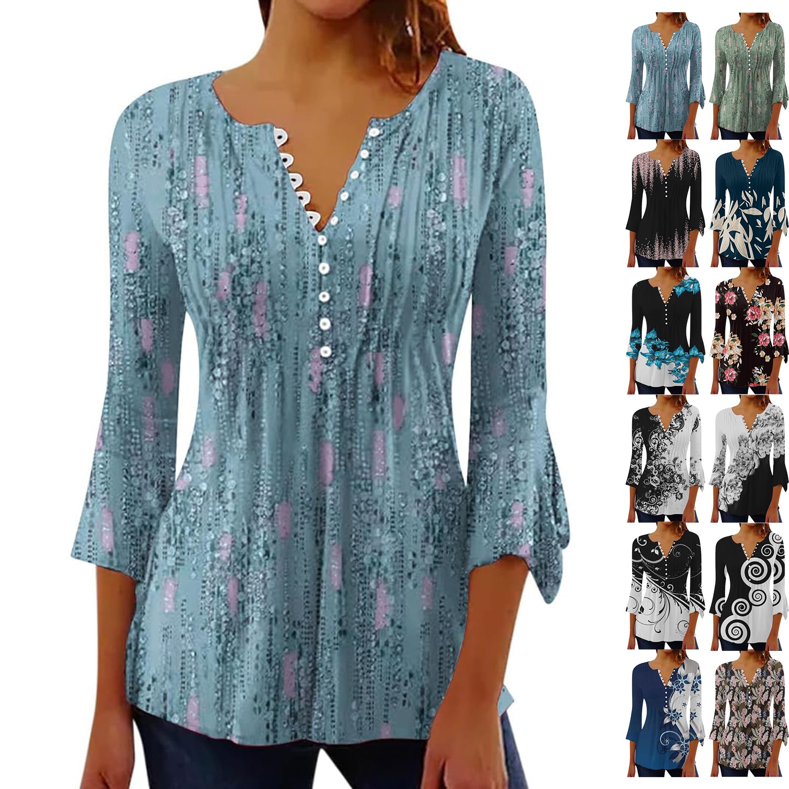 3/4 Length Sleeve Women's Top Round Neck Casual Womens Flowy Summer Tops Fashion Dressy Pullover
