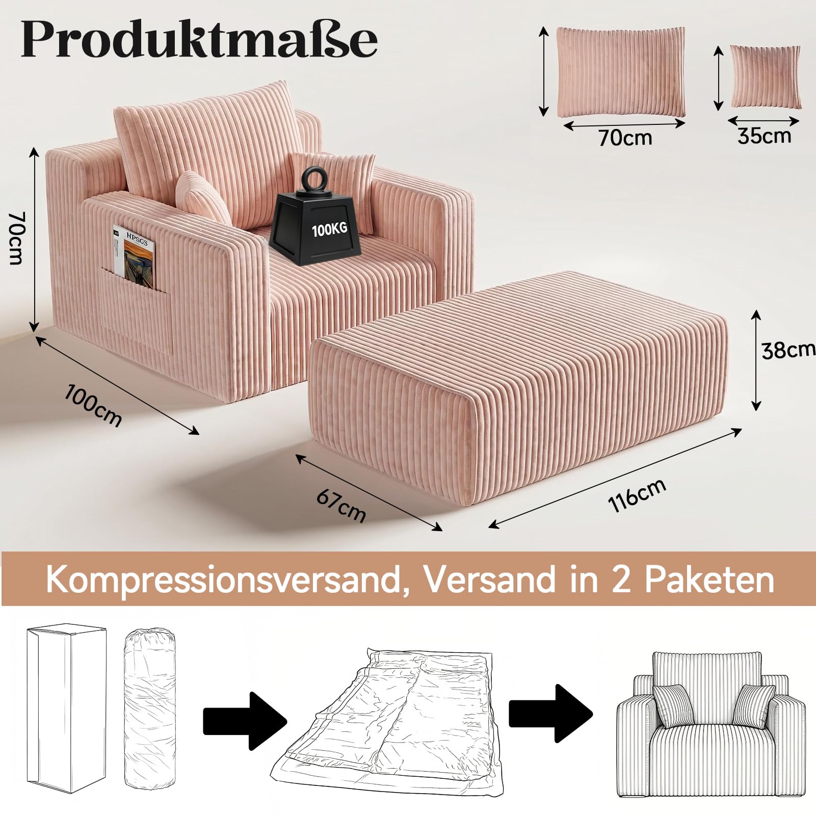 HAUSPROFI 2-in-1-Schlafsofa aus Cord mit Hocker für Gäste – Bodensofa mit 3 Kissen, Einzelsofa und Schlafsessel mit Seitentasche für Wohn- und Schlafzimmer