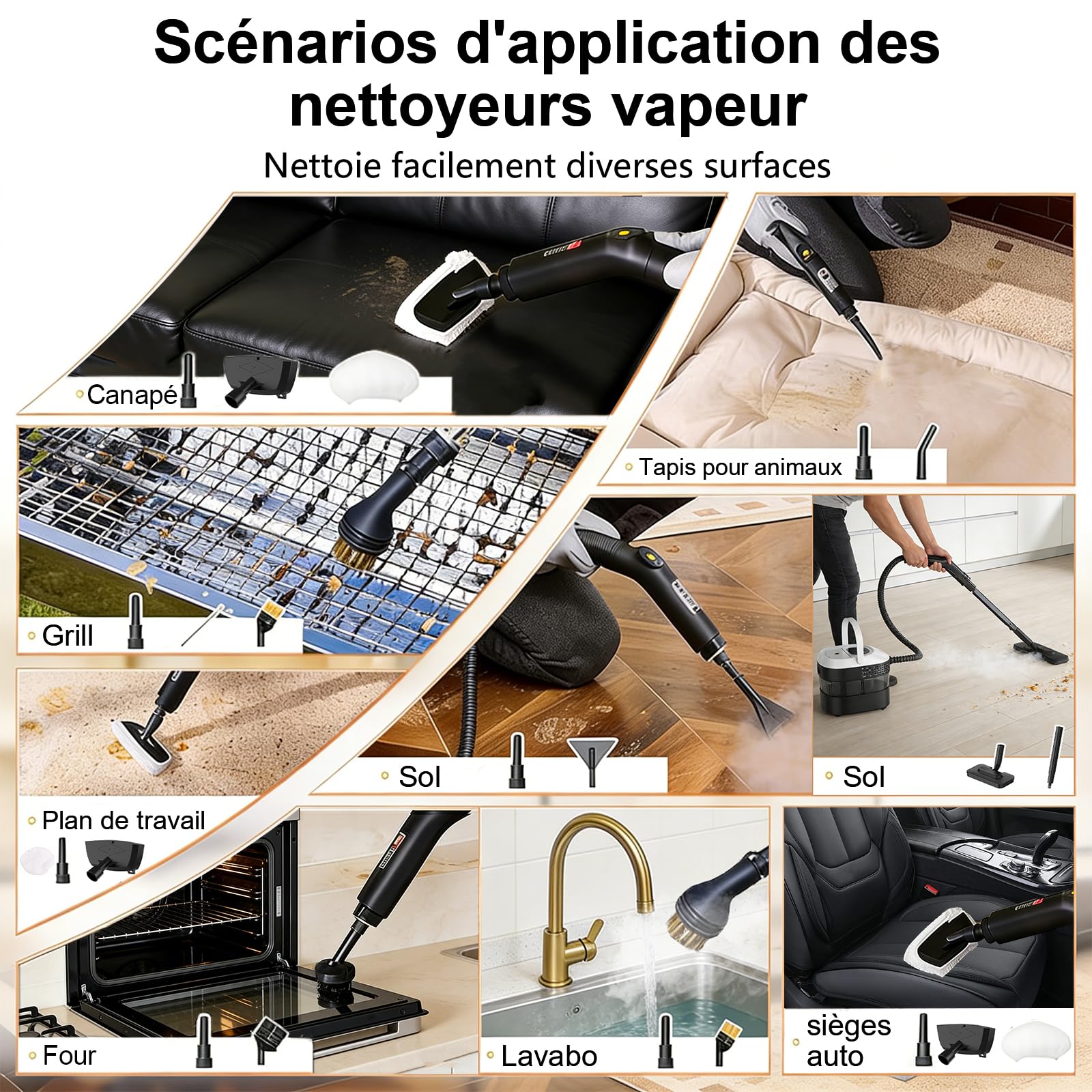 Nettoyeur Vapeur avec Balai, Poignée Réglable à 3 Positions, Chariot de Transport, Réservoir d'eau de 1,6 L, Temps de Chauffe de 15 Secondes, 17 Accessoires, pour Sols, Cuisines, Fenêtres
