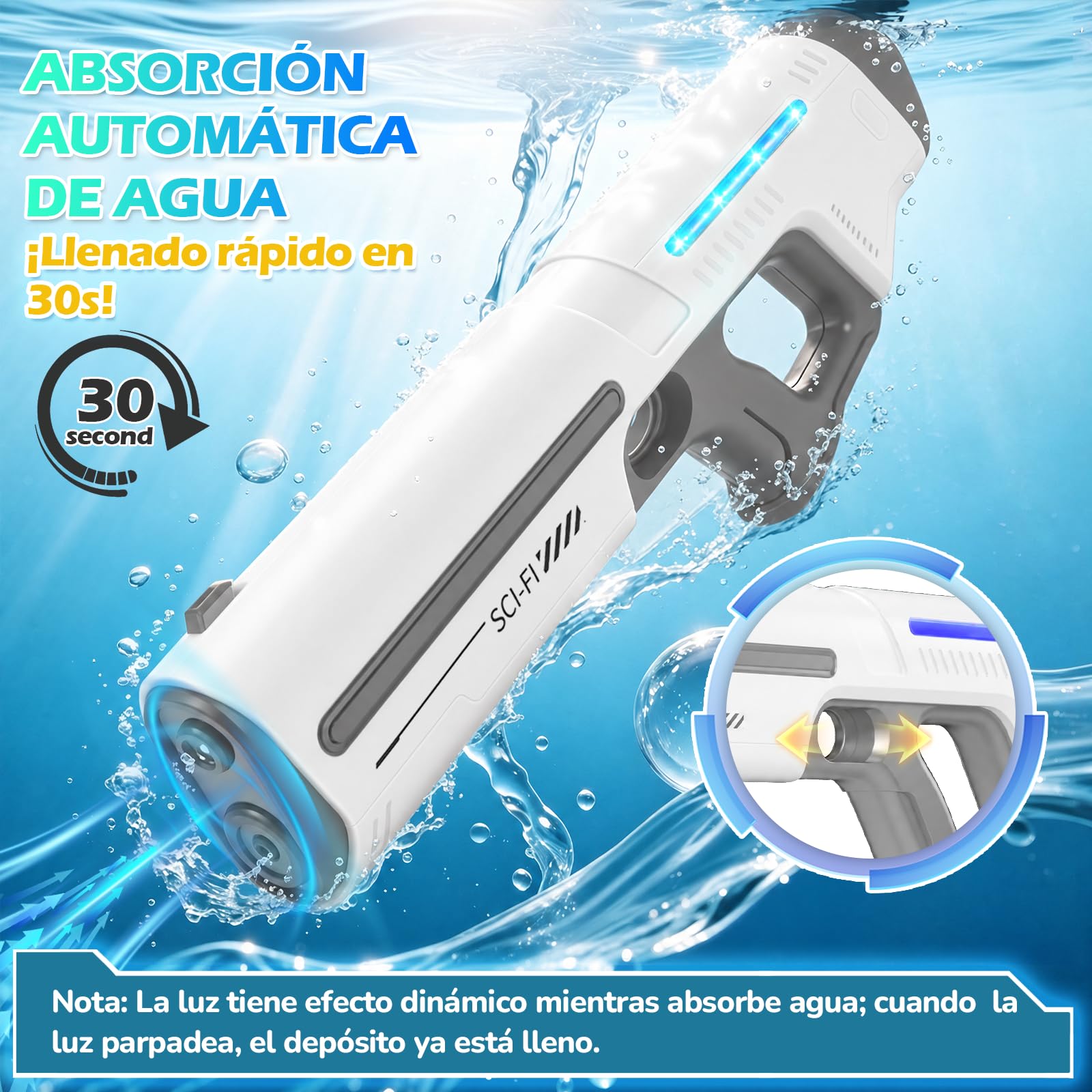 Pistola de Agua Electrica de Alta Potencia, Pistola de Agua Automática Recargable con Luces LED, Gafas Protectoras y Función de Llenado Automático para La Playa en Verano (Blanco)