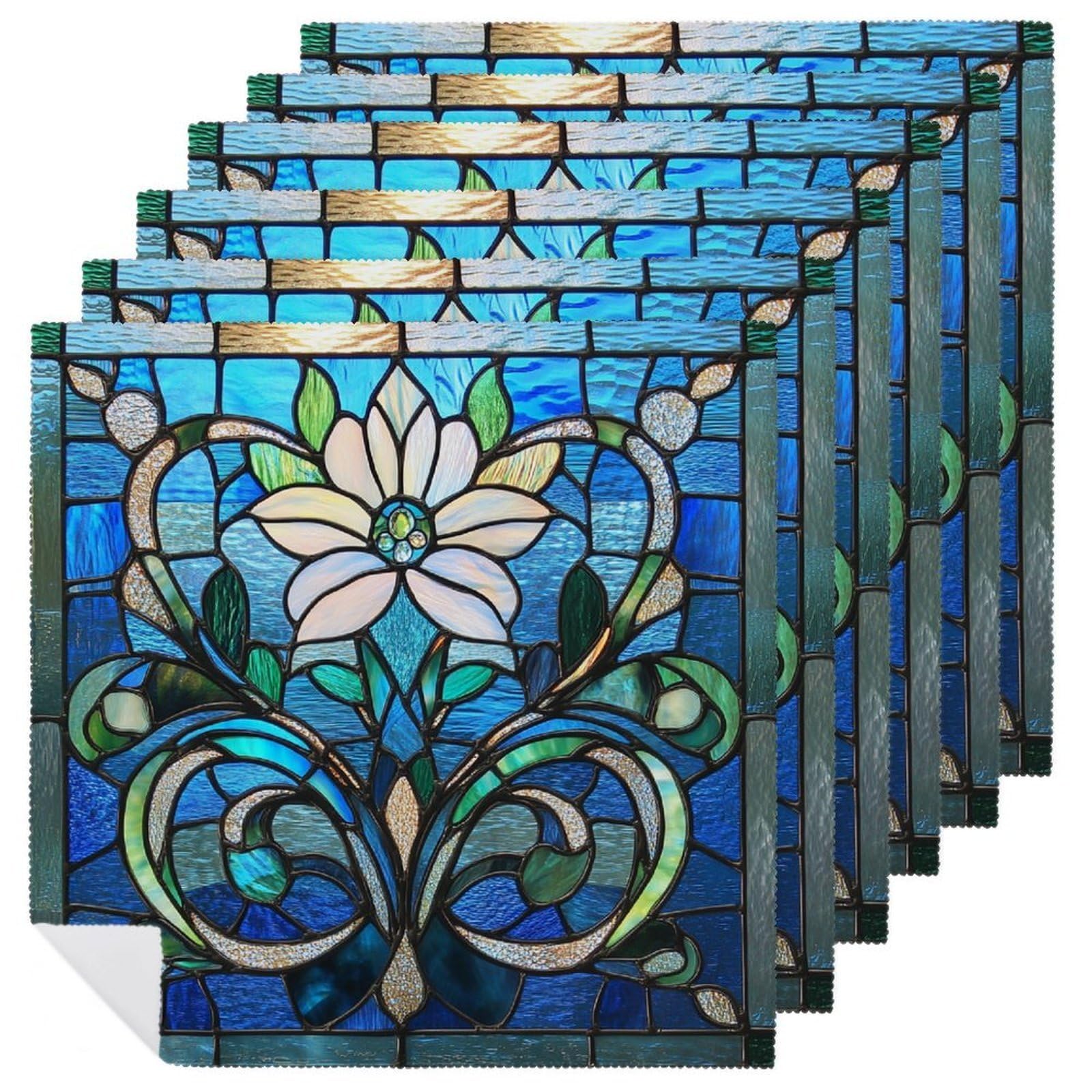 Stained Glass Stylized Floral And Scroll Motif Cloth Napkins Set of 6, Square Premium Reusable Washable Polyester Table Linen Napkin for Dinner Party