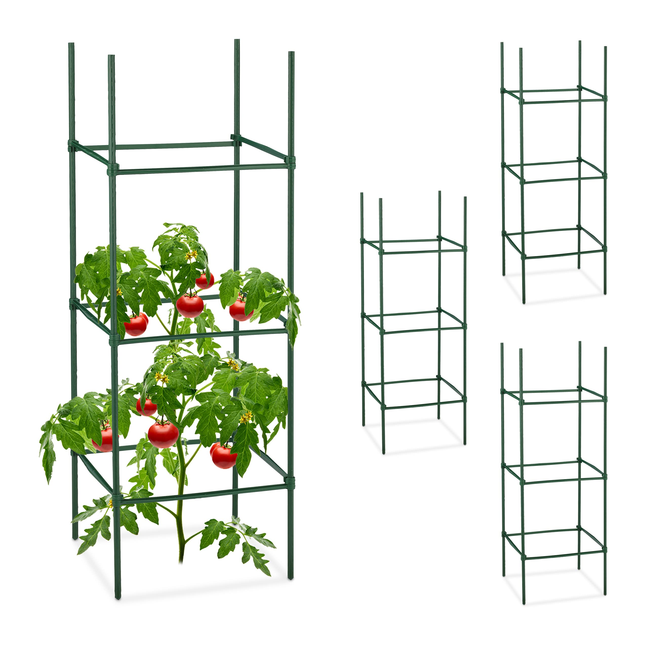 Relaxdays Tuteurs, Lot de 4, HxLxP : 90 x 32 x 32 cm, Fleurs et légumes, métal, Plastique, Aide à la Croissance, Vert