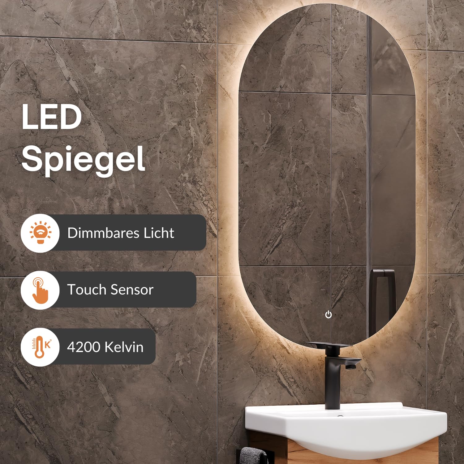 Planetmöbel Badmöbel Set Waschtisch mit Unterschrank 45 x 60 x 33 cm, Spiegel mit Beleuchtung 50 x 90 cm für Badezimmer, Gäste WC & Bad, Gold Eiche