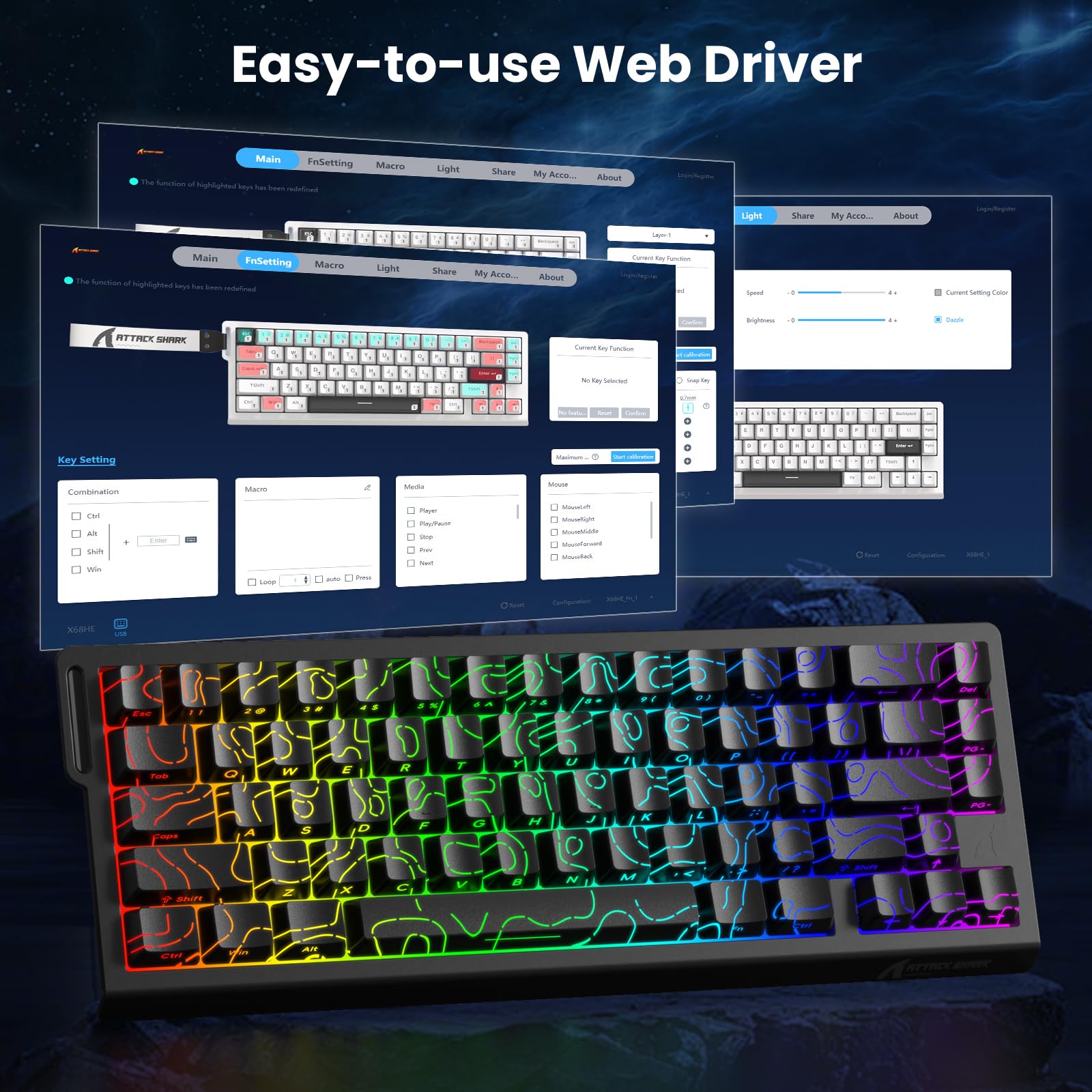 MAMBASNAKE x ATTACK SHARK X68HE Klawiatura mechaniczna Rapid Trigger Magnetic Switch, 0,01 mm Regulowana aktywacja Przewodowa 60% Klawiatura do gier z kablem spiralnym, 8KHz, SOCD, RGB(czarne kontury)