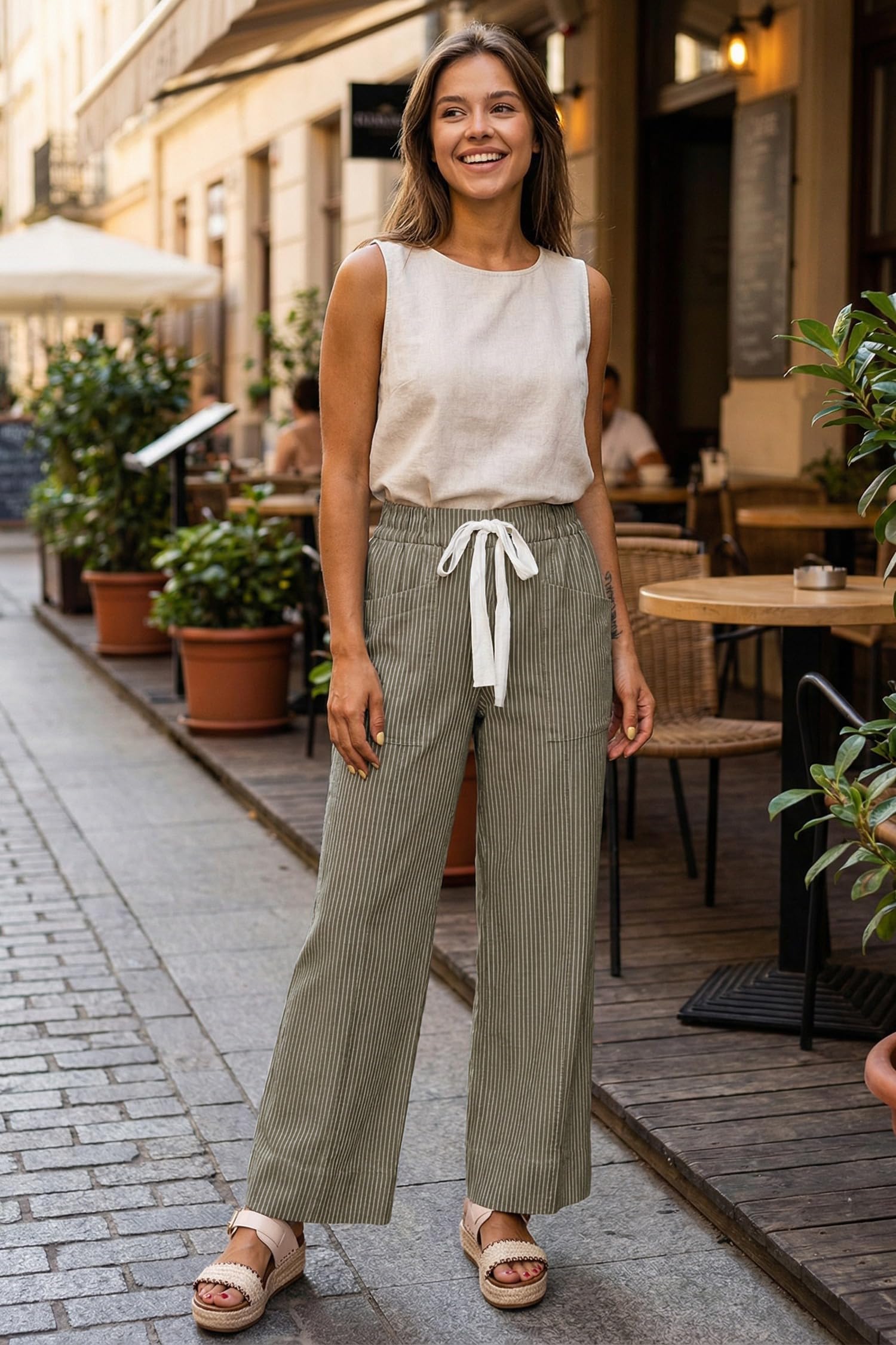 Acelitt Women Elastic Waist High Striped Pants, S-XXL